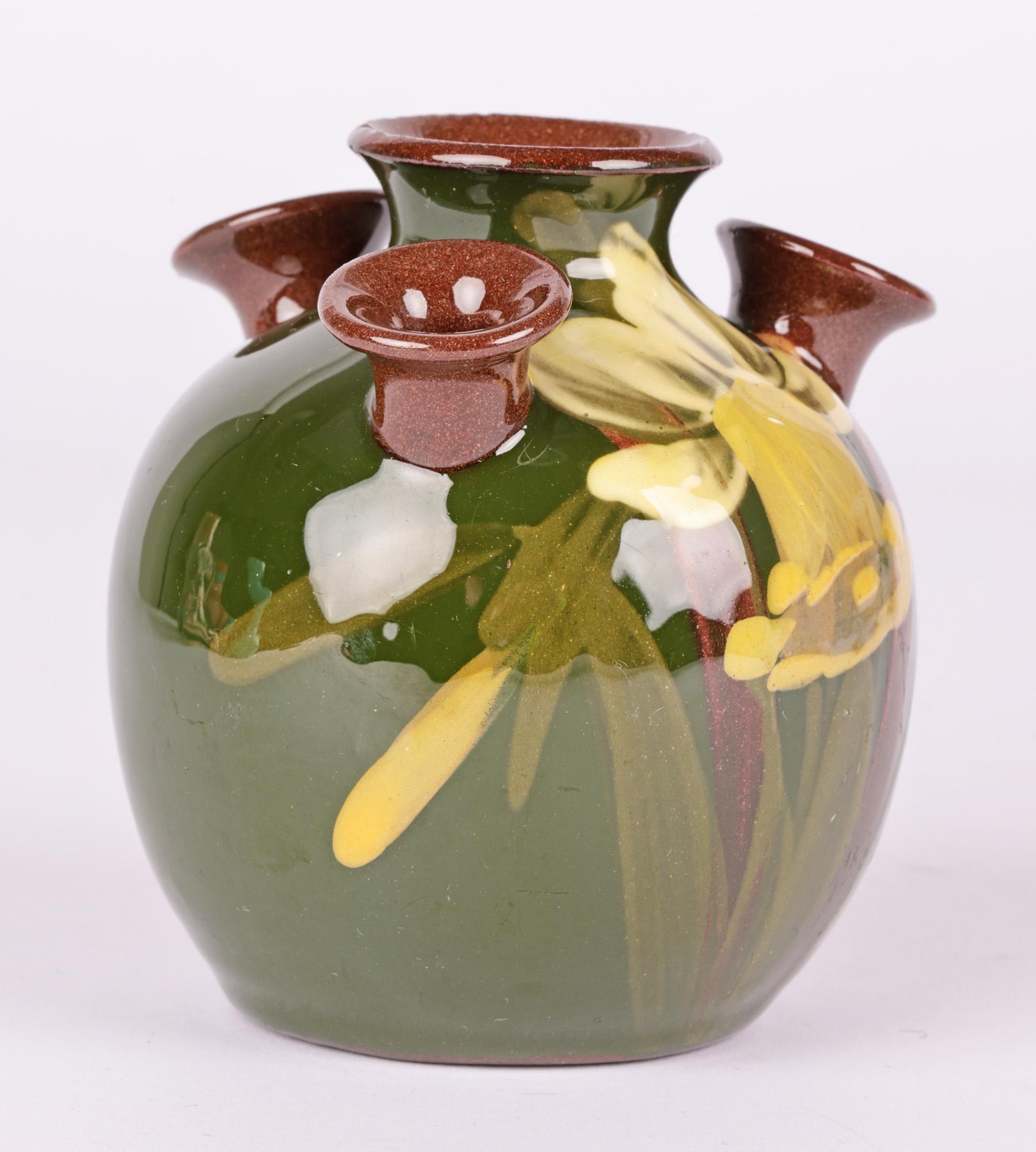 Terracotta Aller Vale Multi-Necked Hand-Painted Daffodil Posy Vase For Sale