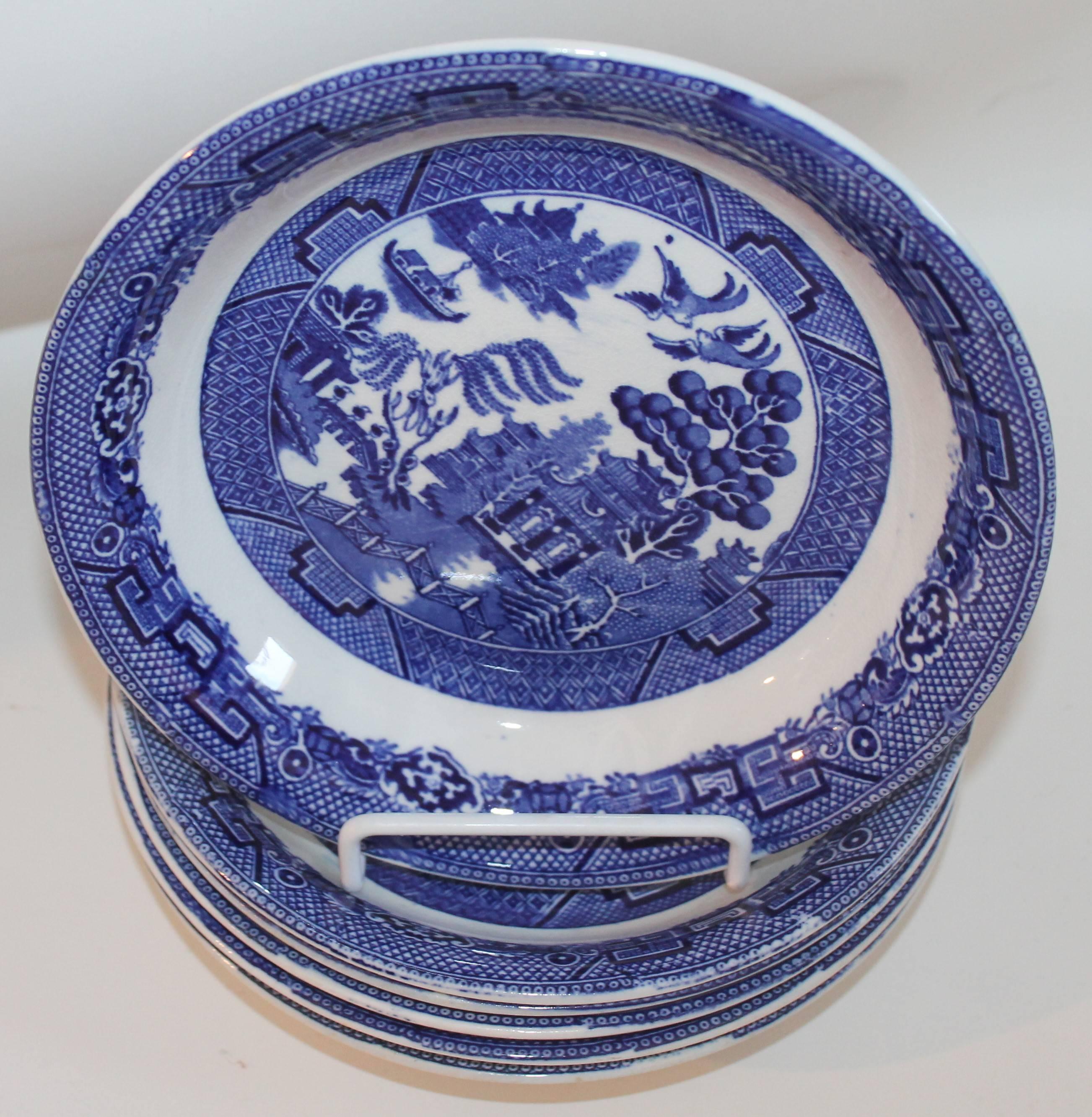 Allertons Ltd. English blue willow 19th century blue willow plates in amazing condition. These plates have been stamped by the maker (shown in the photos). This set of six plates is a great collection of glazed blue willow plates are 8.5 inches in
