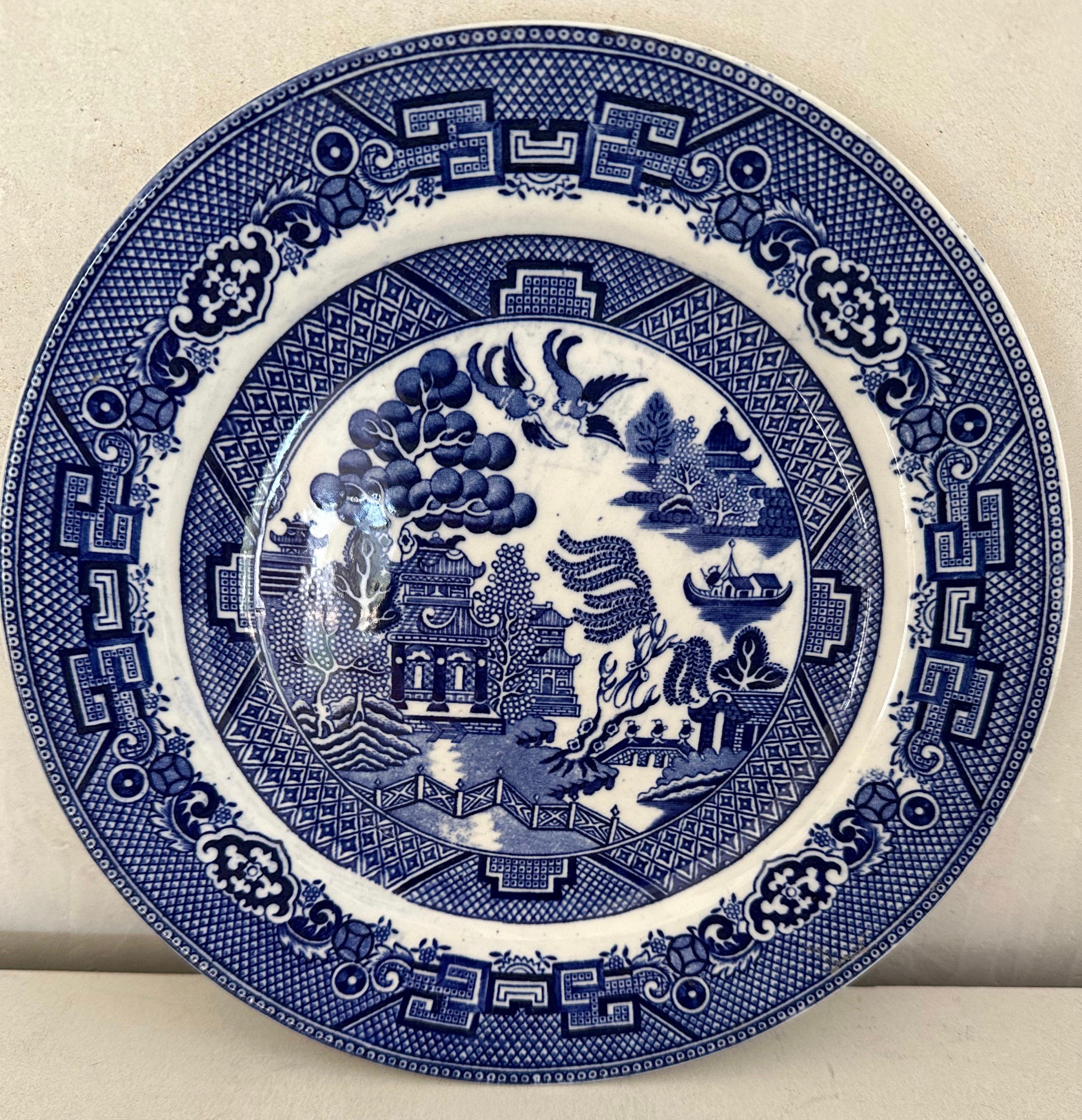 A wonderful collection of Allertons Ltd. English glazed blue willow 19th century stone China plates.. These plates are stamped by the maker (shown in the photos). There are, actually, 9 plates.  8 are in excellent condition, the 9th has a very minor
