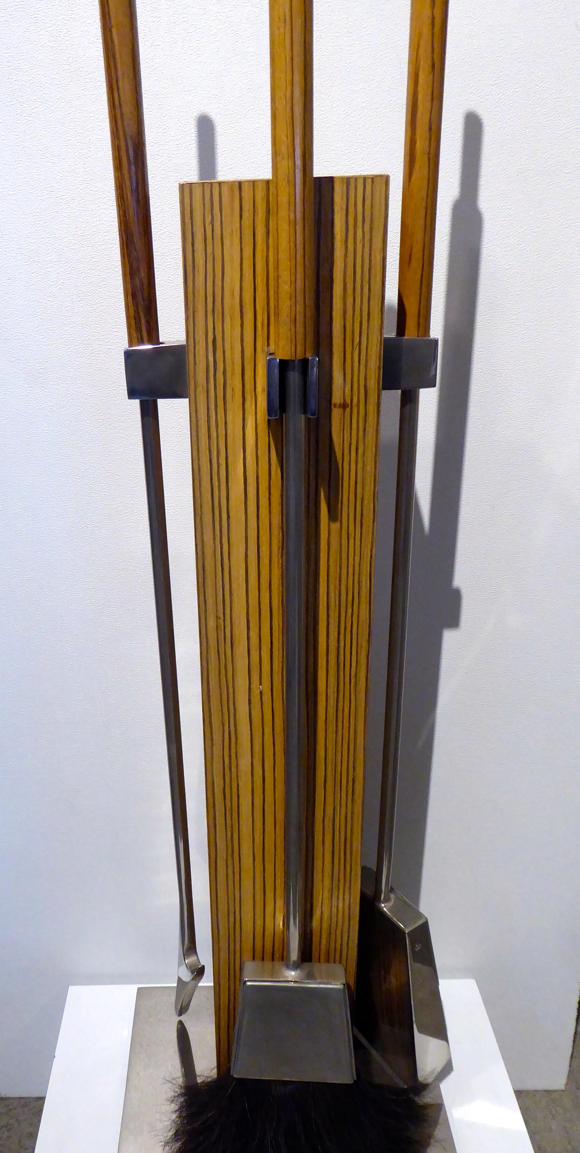 Mid-Century Modern Allesandro Albrizzi Zebra Wood and Steel Fire Tool Set