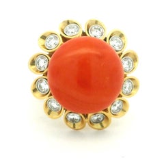Alletto Brothers Italian Coral Diamond 18K Gold and Platinum Ring, Circa 1970s