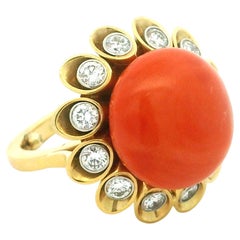 Alletto Brothers Italian Coral Diamond 18K Gold and Platinum Ring, Circa 1970s