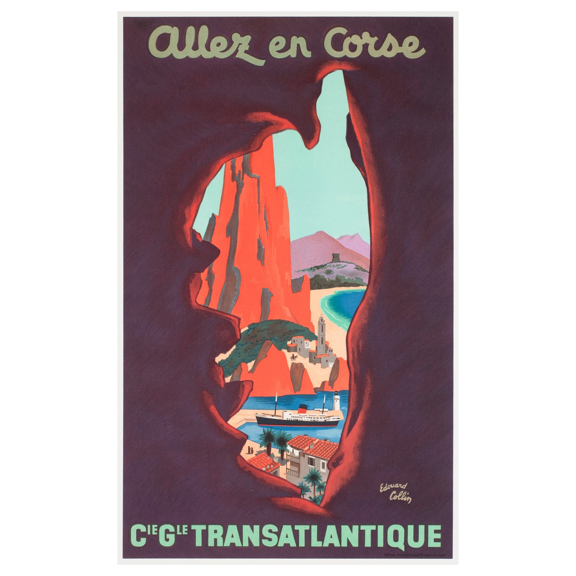 Allez en Corse CGT c1950s Korsika Kleines französisches Reiseplakat, Edouard Collin