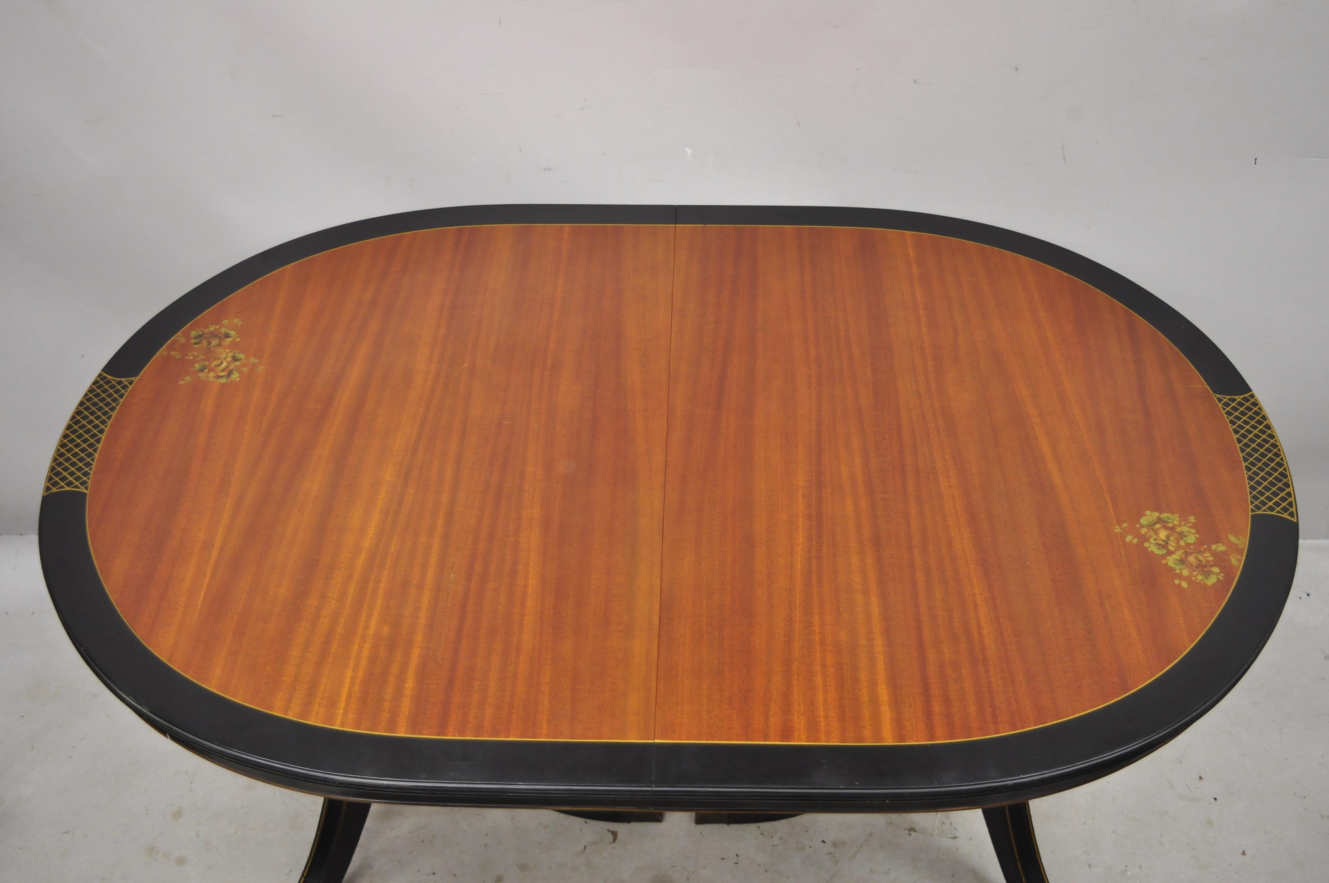 Alliance Furniture Co. Duncan Phyfe mahogany oriental style black oval dining room table with 3 leaves. Item features (3) 12