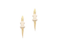 Alligator Bite Earrings of Mammoth Tusk and 18 Karat Gold and Tsavorite Eyes