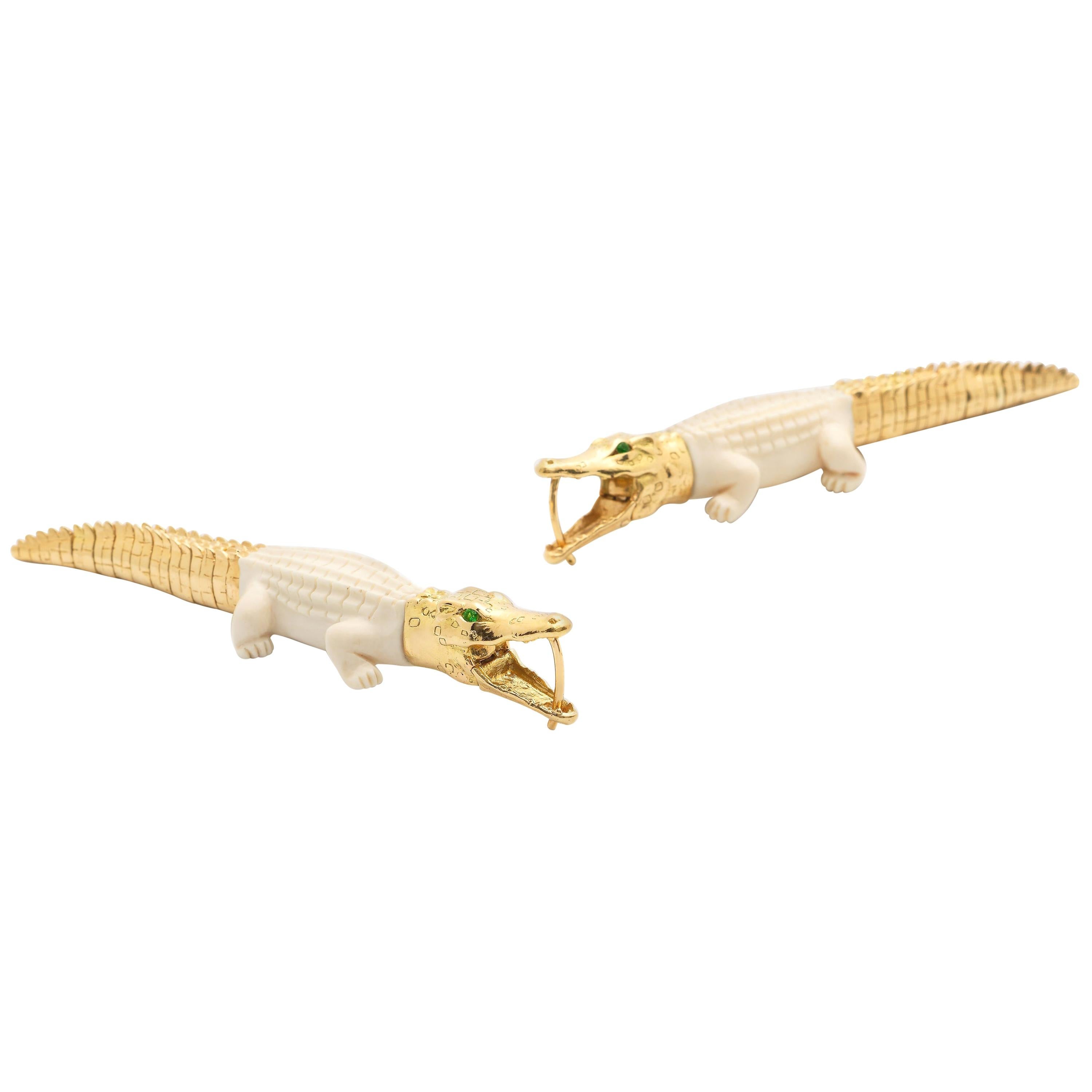 Alligator Bite Earrings of Mammoth Tusk and 18 Karat Gold and Tsavorite Eyes For Sale