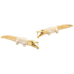 Alligator Bite Earrings of Mammoth Tusk and 18 Karat Gold and Tsavorite Eyes