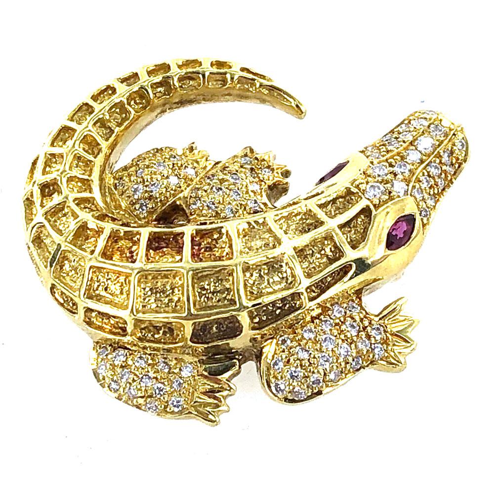 Modern Alligator Diamond 18 Karat Yellow Gold Pin Brooch