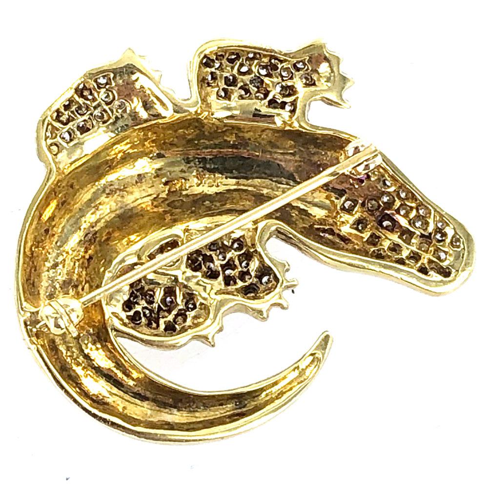 Round Cut Alligator Diamond 18 Karat Yellow Gold Pin Brooch