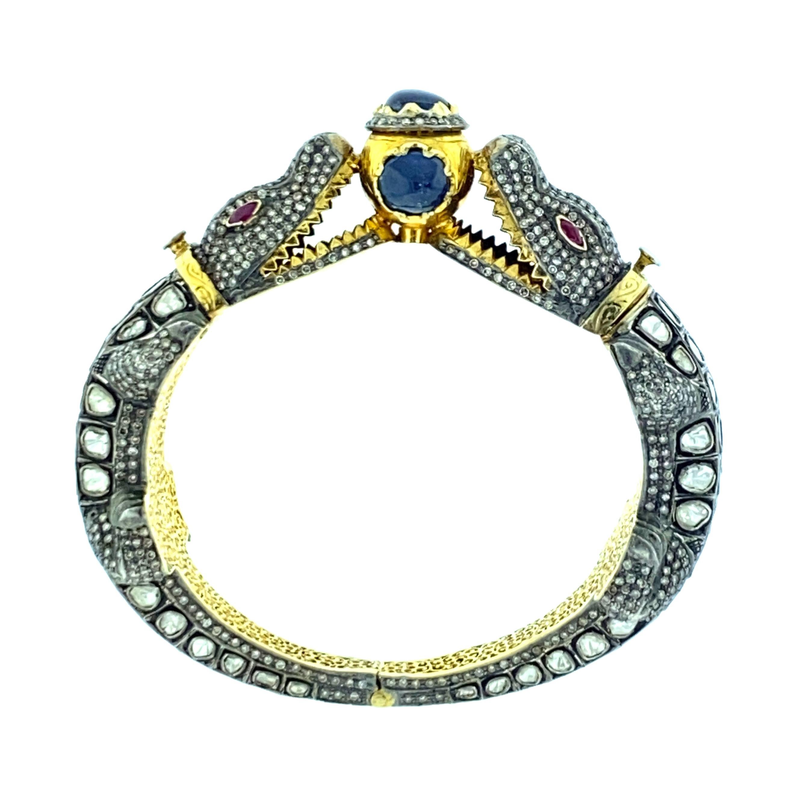 Alligator Polki 13.99 Carat Diamond 9.24 ct Sapphire Bangle in Silver, 14k Gold For Sale