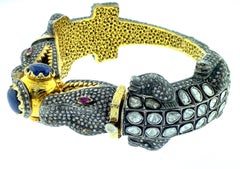 Alligator Polki 13.99 Carat Diamond 9.24 ct Sapphire Bangle in Silver, 14k Gold