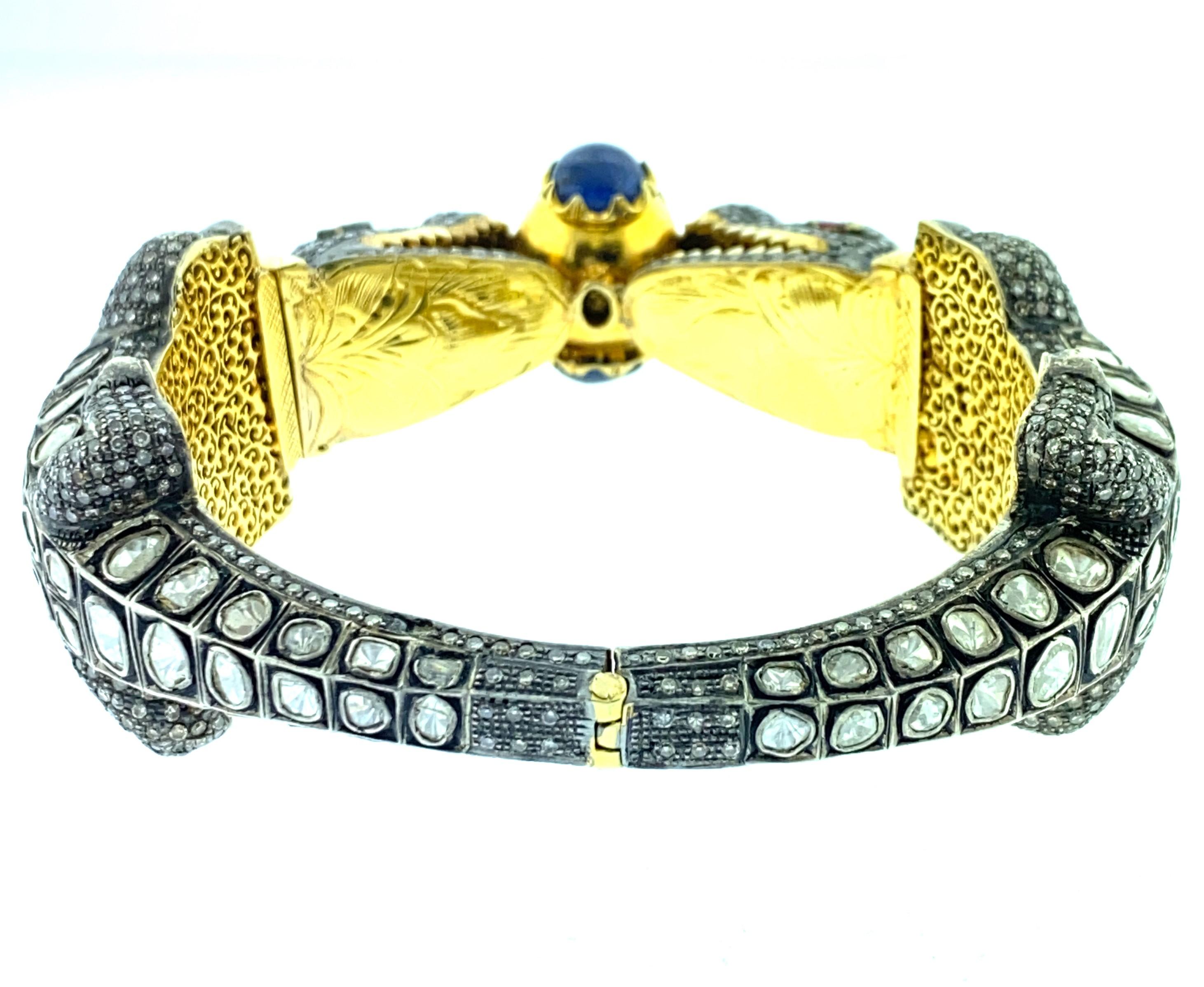 Contemporary Alligator Polki 13.99 Carat Diamond 9.24 ct Sapphire Bangle in Silver, 14k Gold For Sale