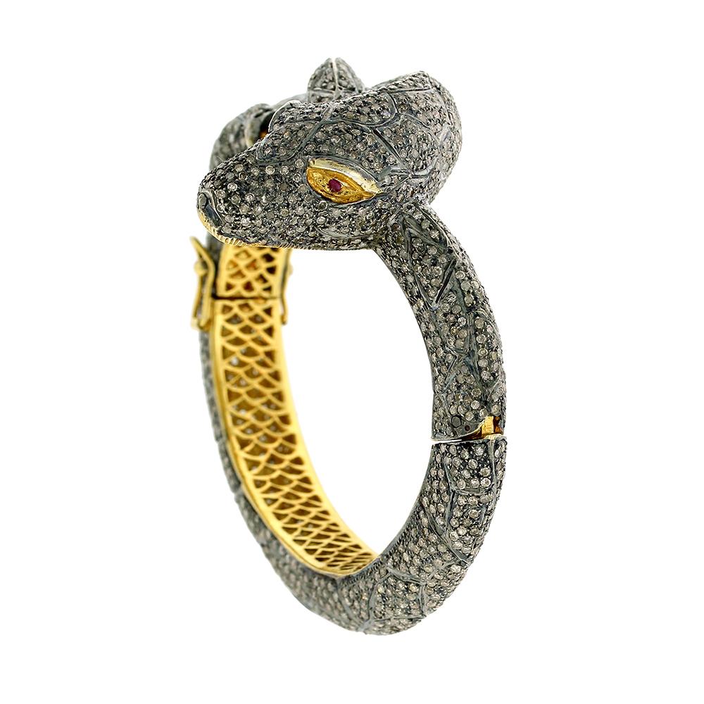 Modern Alligator Shaped Bangle with Ruby Eyes & Pave Diamonds in 14k Gold & Silver For Sale