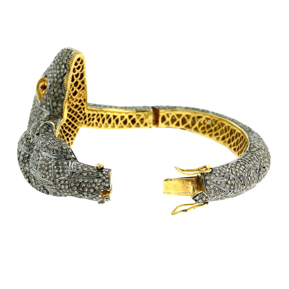Round Cut Alligator Shaped Bangle with Ruby Eyes & Pave Diamonds in 14k Gold & Silver For Sale