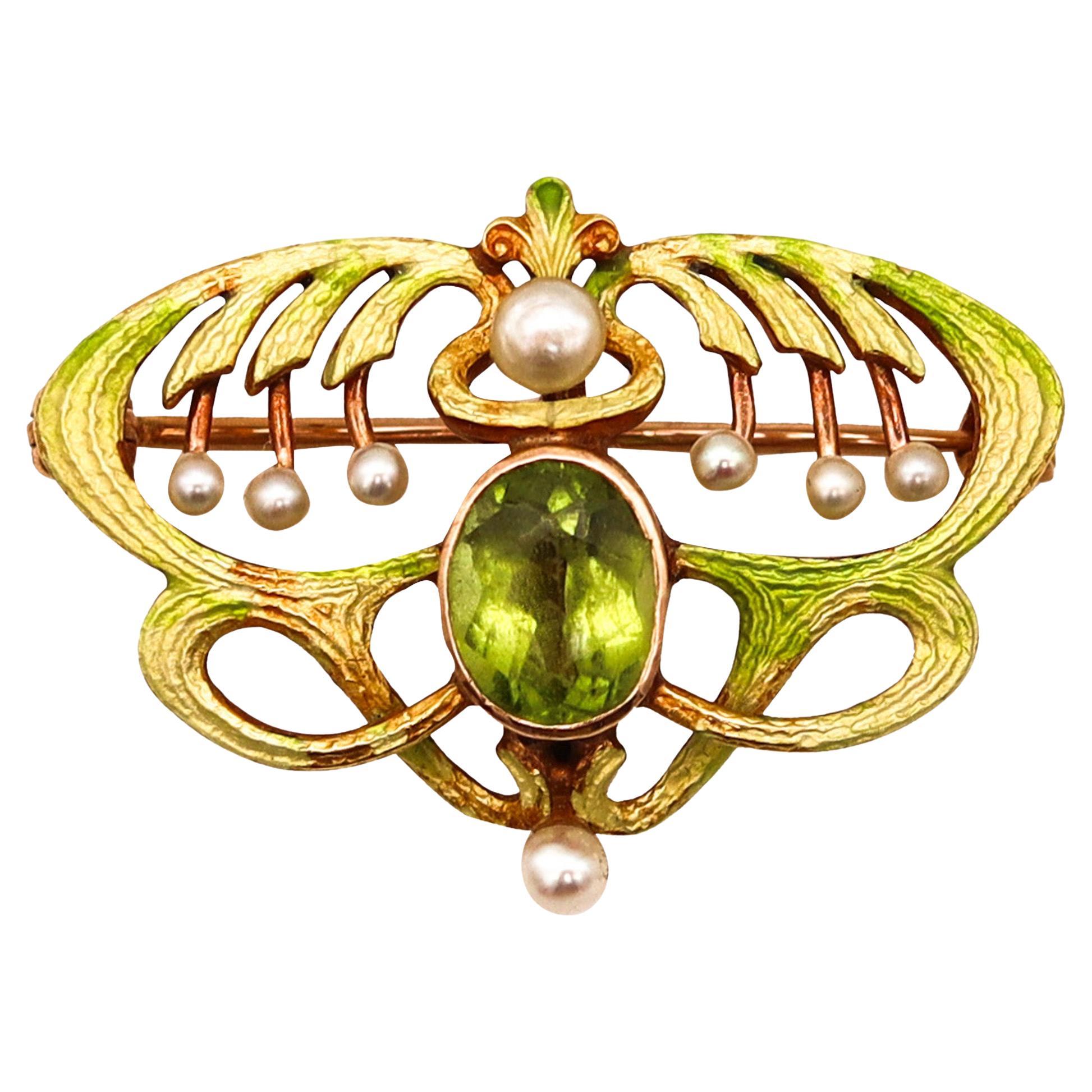 Alling & Co. 1900 Art Nouveau Emaille Brosche in 14Kt Gold mit Peridot und Perlen im Angebot