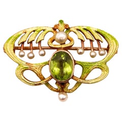 Alling & Co. 1900 Art Nouveau Enamel Brooch In 14Kt Gold With Peridot And Pearls