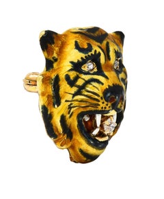 Alling & Co Art Nouveau Diamond Enamel 14 Karat Yellow Gold Antique Tiger Brooch