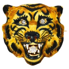 Alling & Co Art Nouveau Diamond Enamel 14 Karat Yellow Gold Antique Tiger Brooch