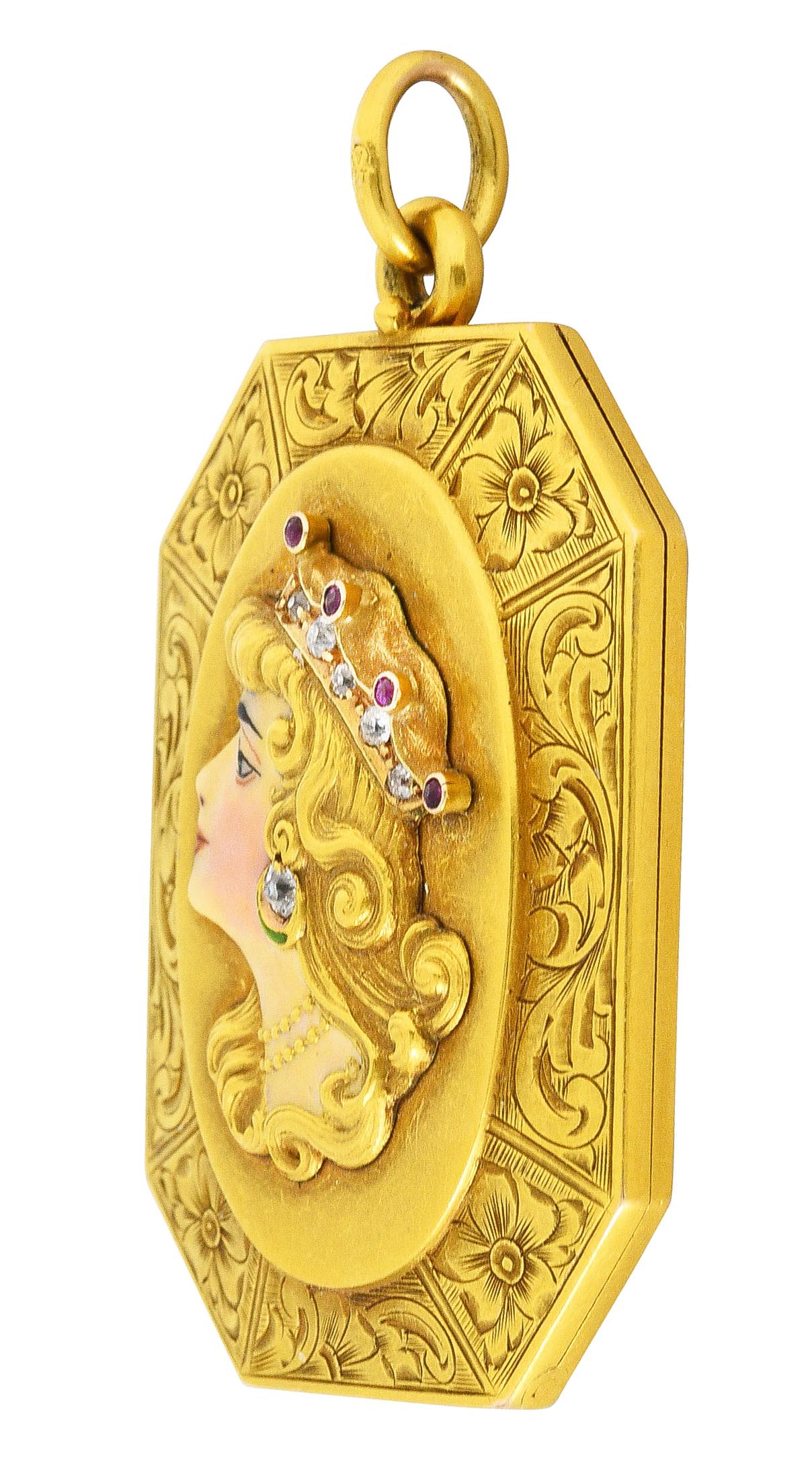 Old European Cut Alling & Co. Art Nouveau Diamond Ruby Enamel 14 Karat Yellow Gold Locket Pendant