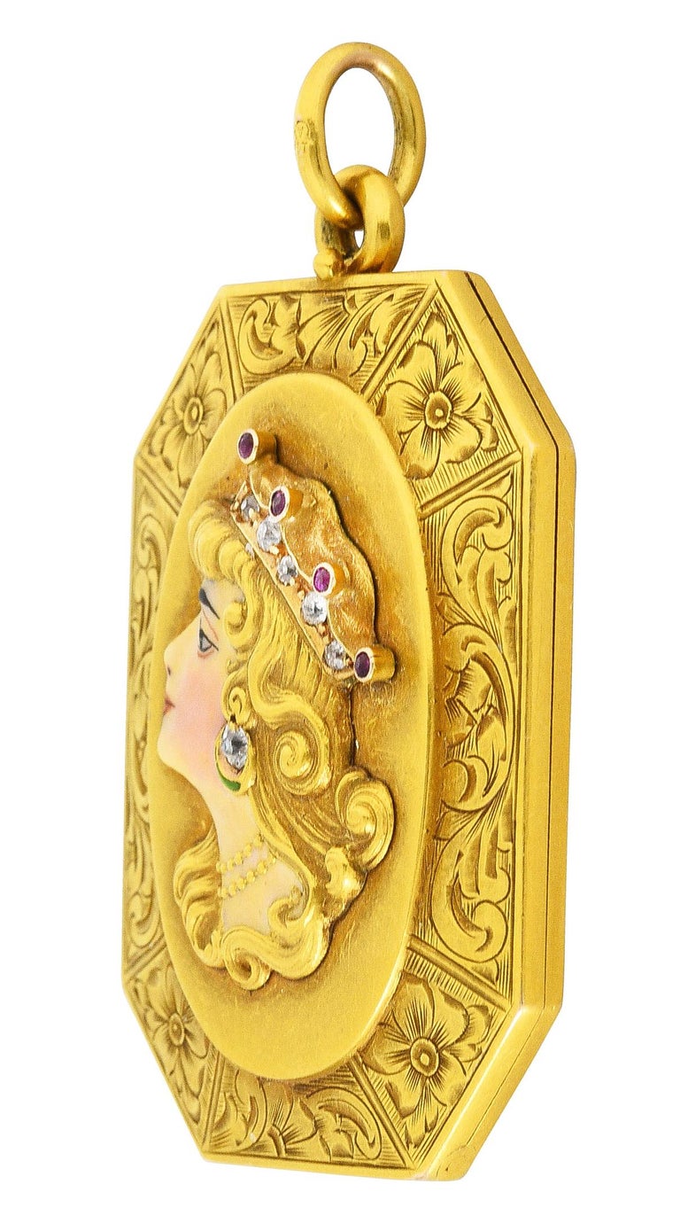 Old European Cut Alling & Co. Art Nouveau Diamond Ruby Enamel 14 Karat Yellow Gold Locket Pendant For Sale