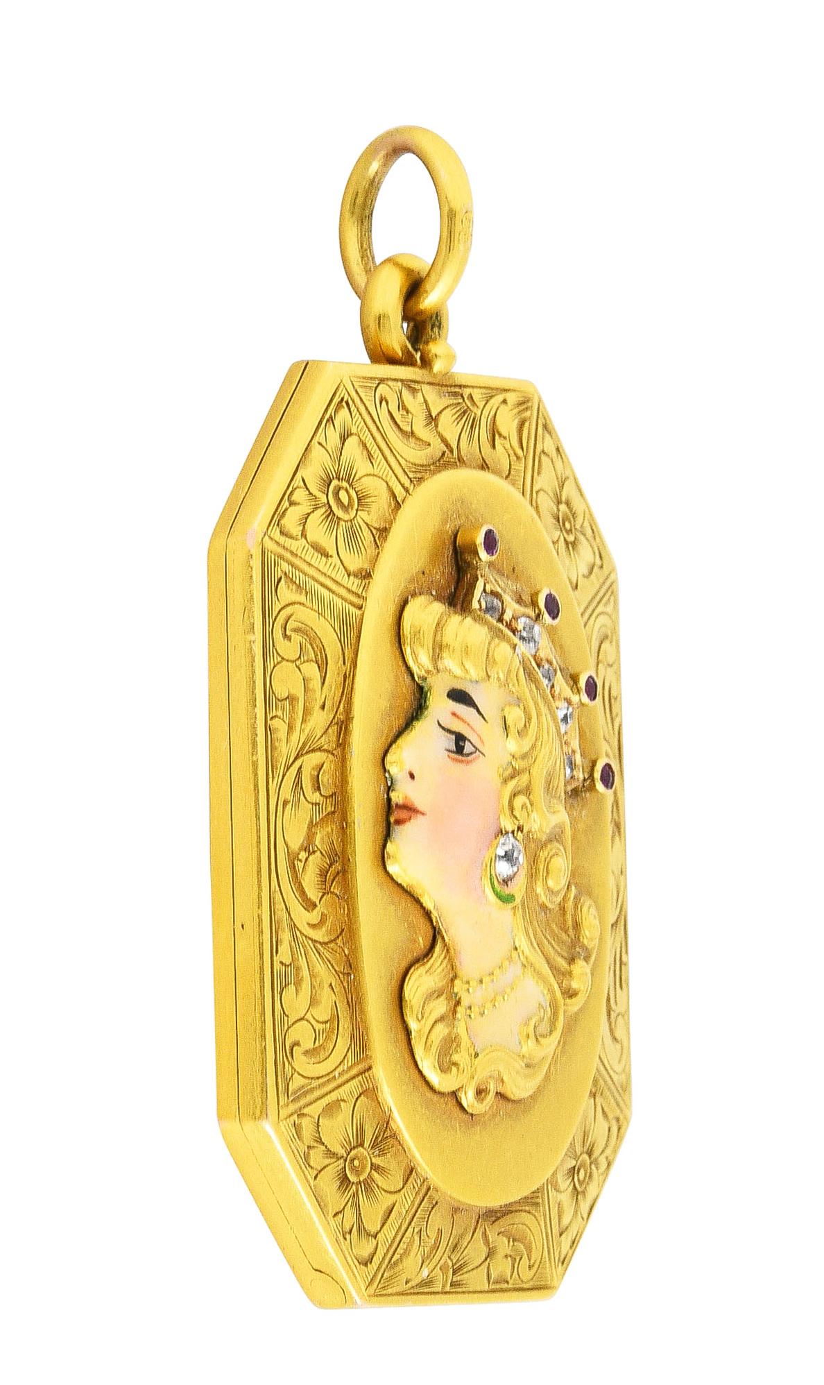 Women's or Men's Alling & Co. Art Nouveau Diamond Ruby Enamel 14 Karat Yellow Gold Locket Pendant