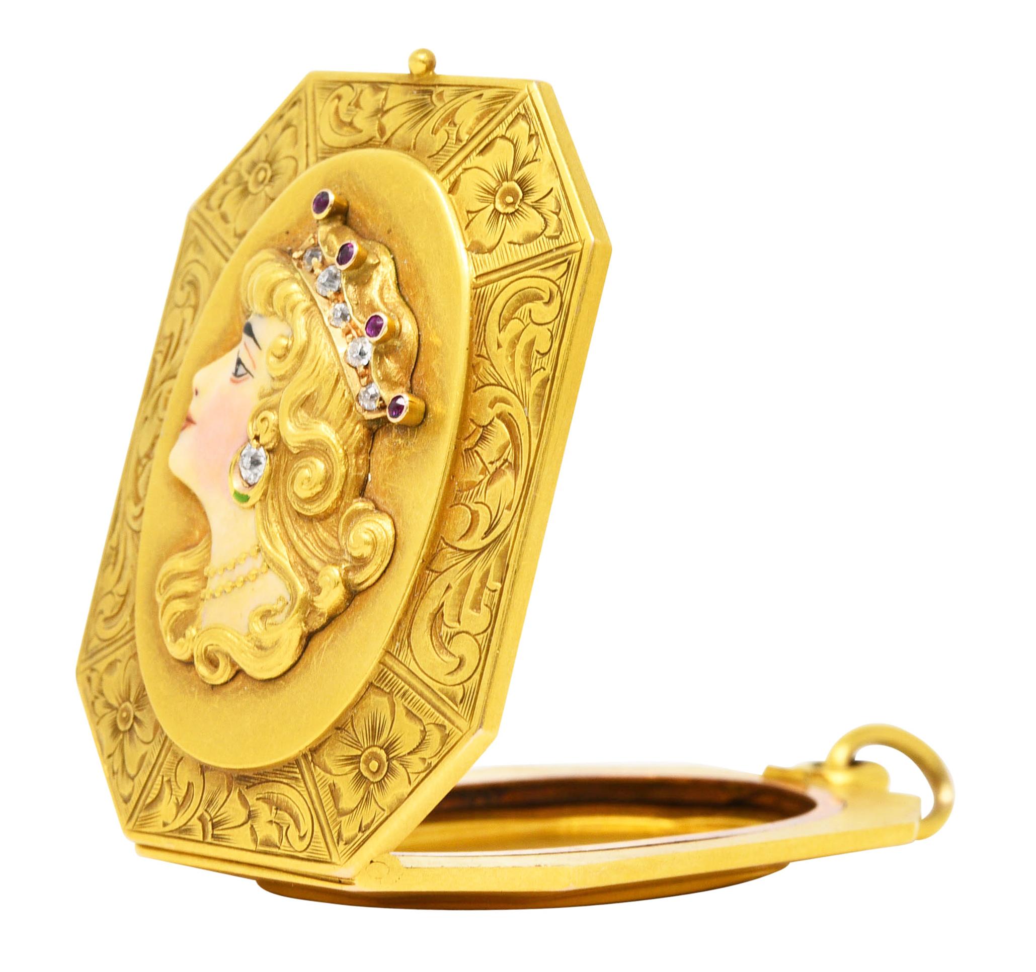 Alling & Co. Art Nouveau Diamond Ruby Enamel 14 Karat Yellow Gold Locket Pendant 1