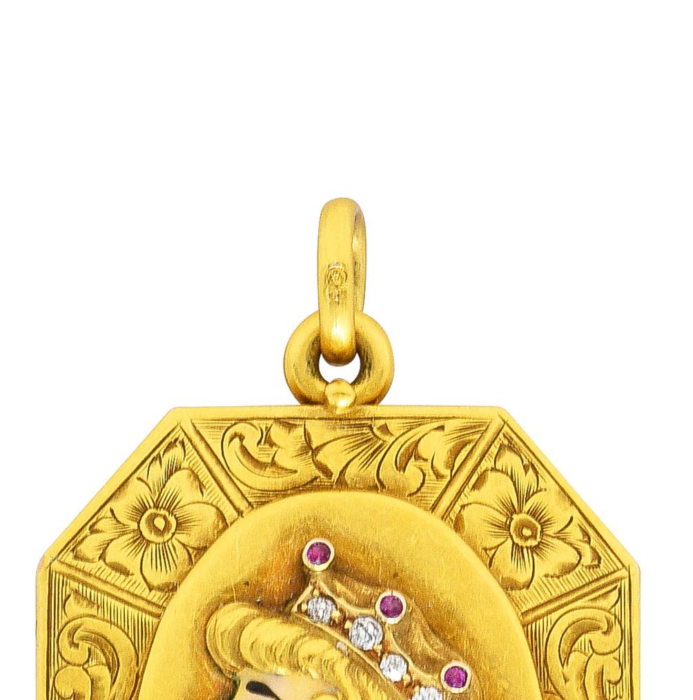 Alling & Co. Art Nouveau Diamond Ruby Enamel 14 Karat Yellow Gold Locket Pendant 2