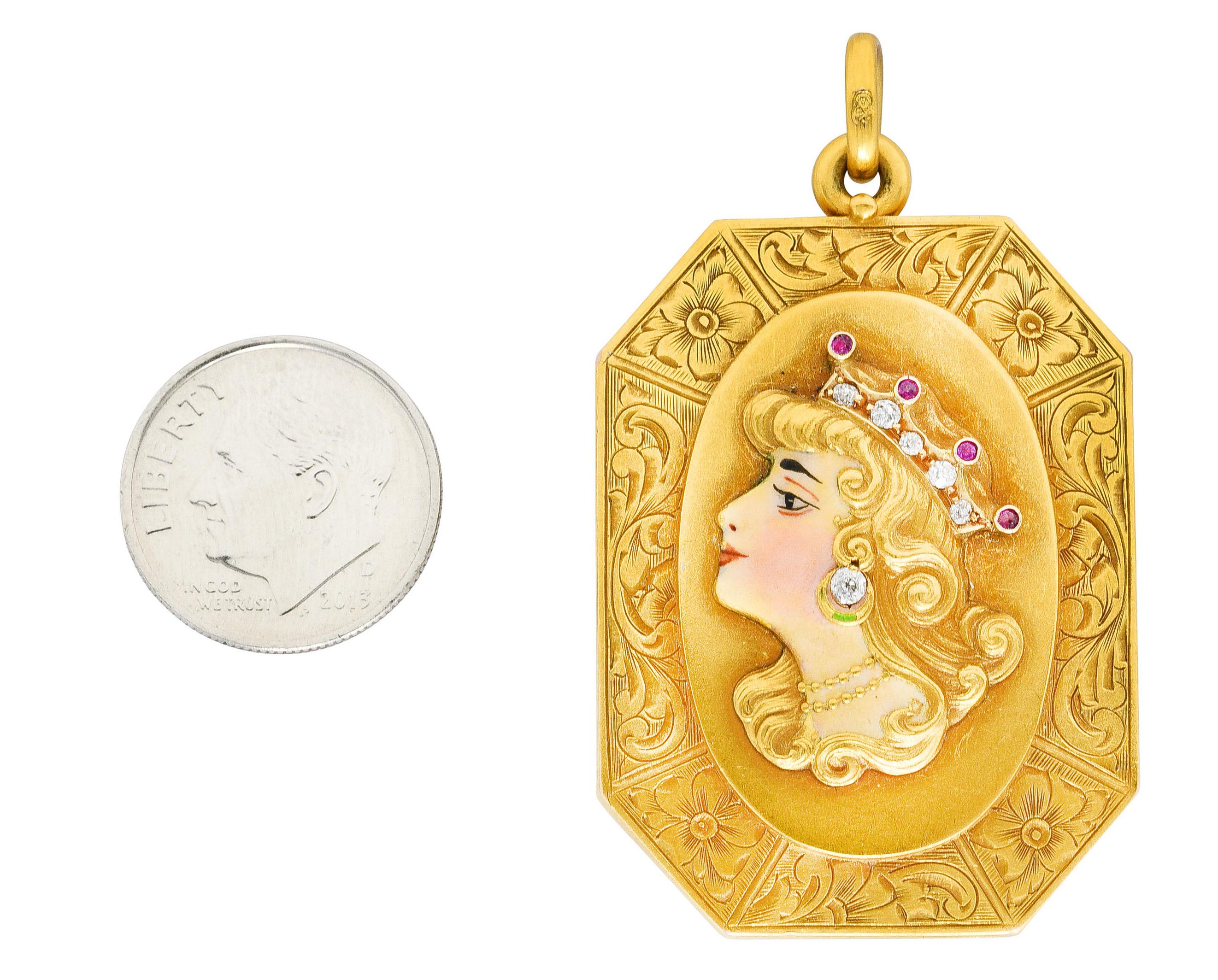 Alling & Co. Art Nouveau Diamond Ruby Enamel 14 Karat Yellow Gold Locket Pendant 3