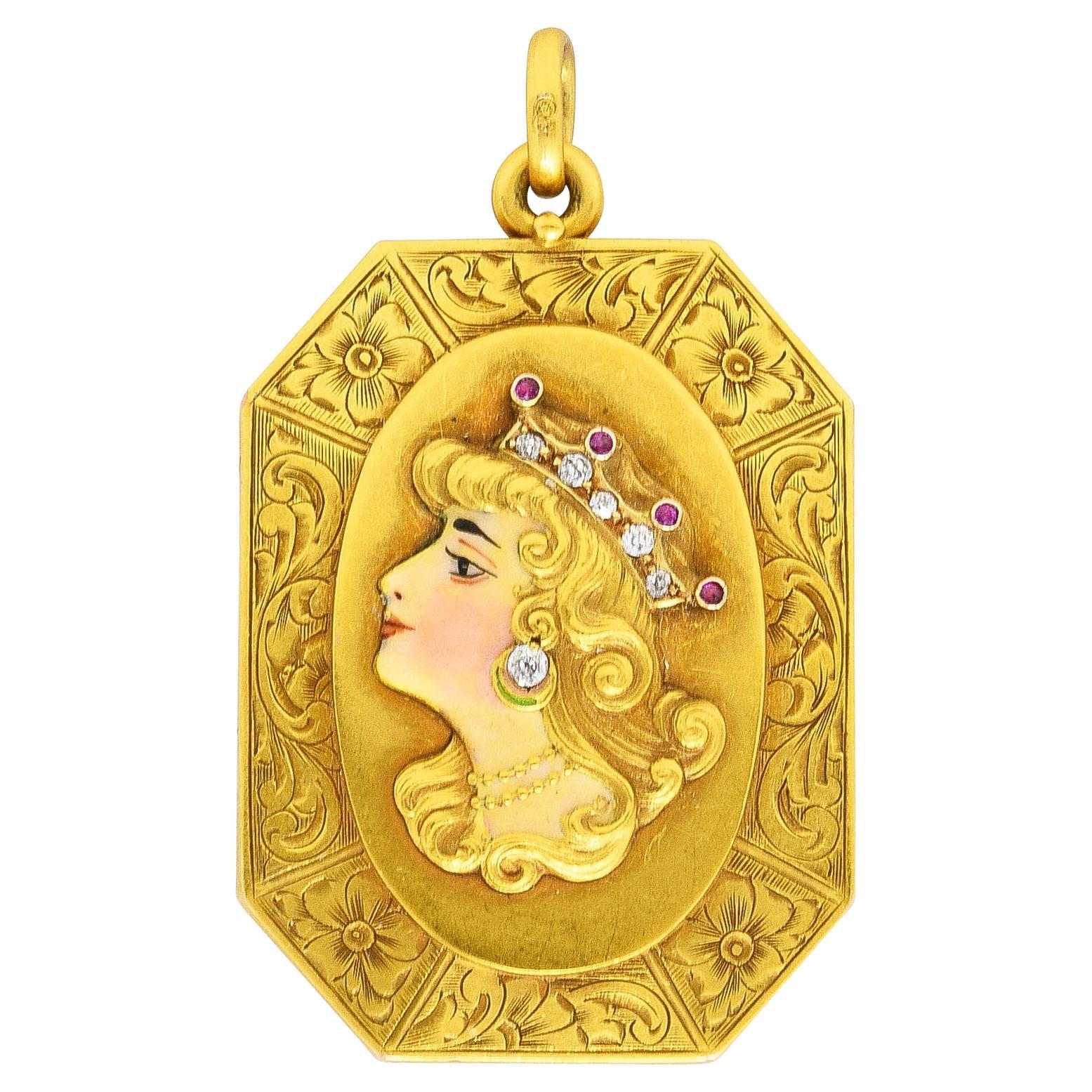 Alling & Co. Art Nouveau Diamond Ruby Enamel 14 Karat Yellow Gold Locket Pendant