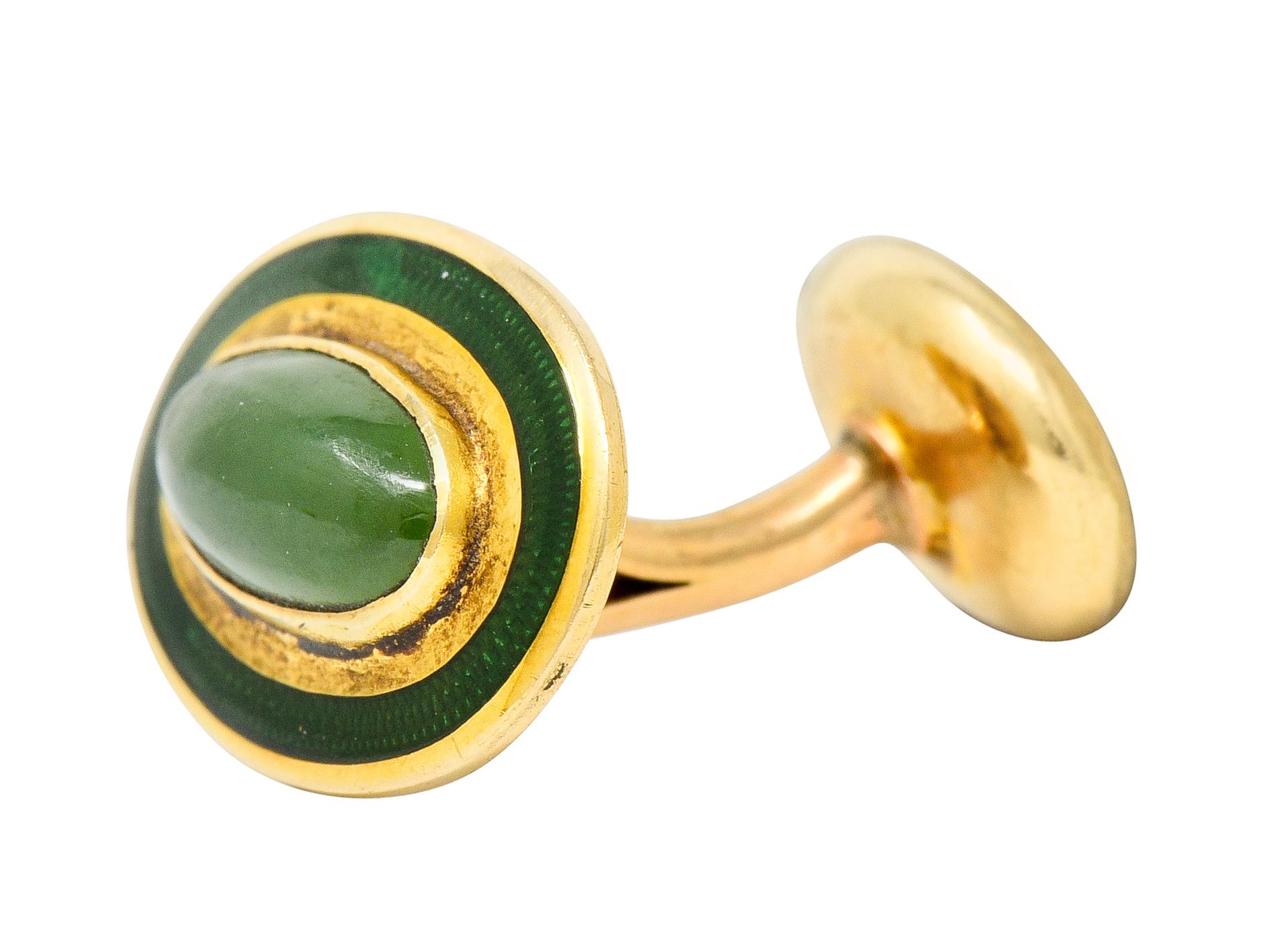 Oval Cut Alling & Co. Art Nouveau Jade 14 Karat Gold Men's Cufflinks