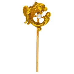 Alling & Co. Late Victorian Pearl 14 Karat Gold Winged Lion Stick Pin