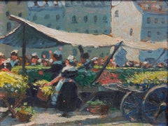 Painting Paris Market Scene Dated 1926 by Alling Clements
