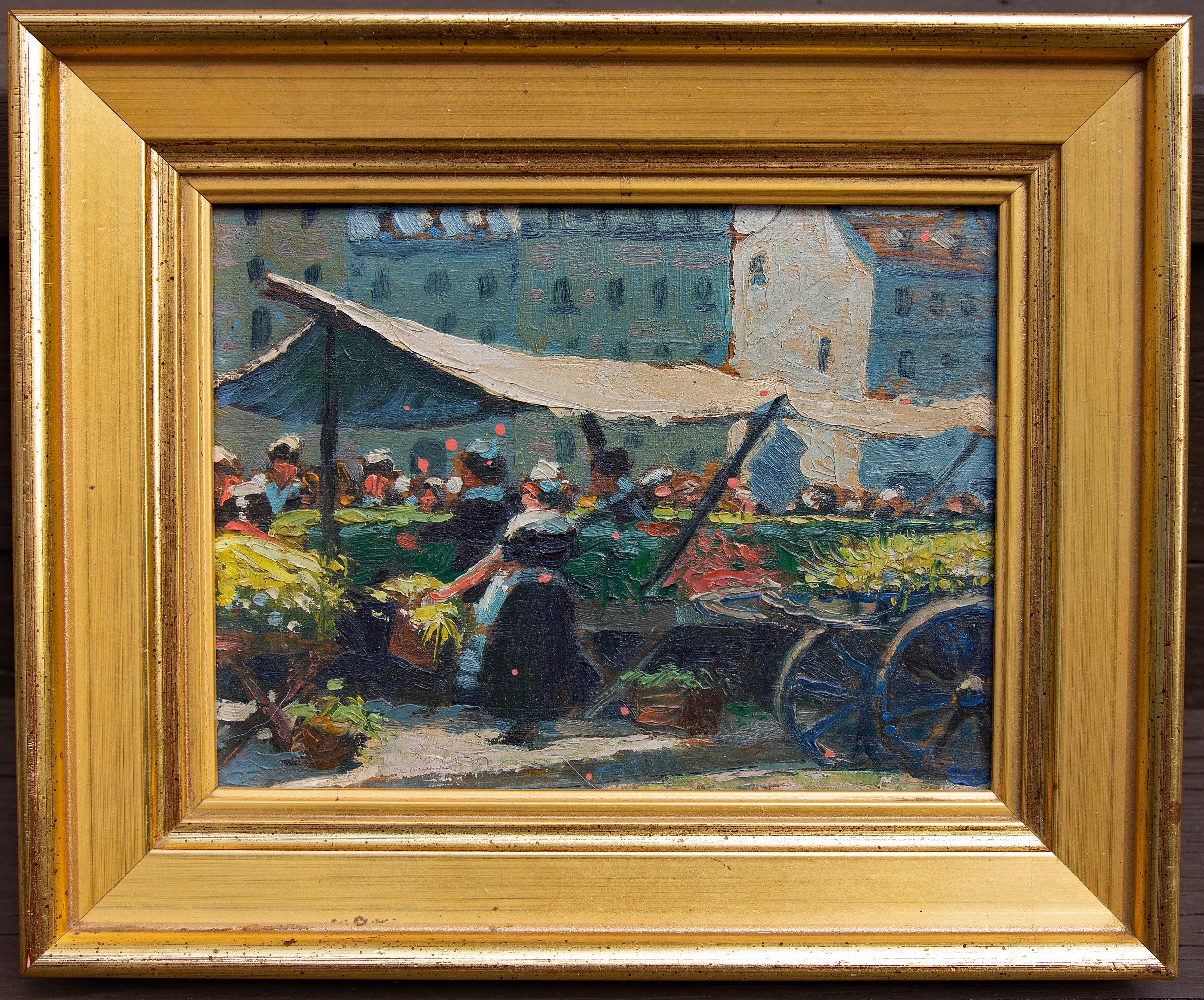 Alling MacKaye Clements Figurative Painting - Painting Paris Market Scene Dated 1926 by Alling Clements