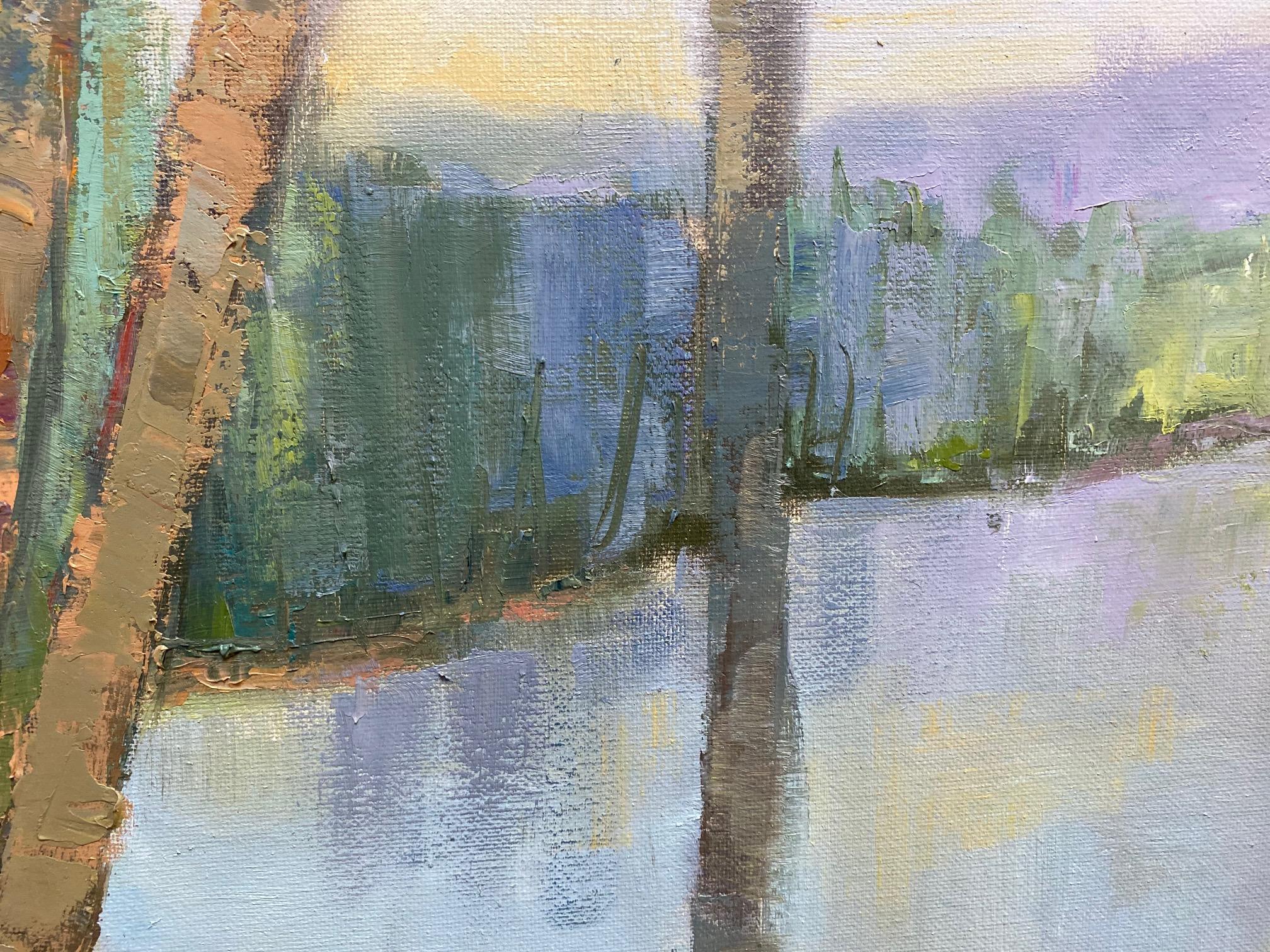 From amber skies to purple mountains the birch trees stand guard over the inlet.  In this multi-faceted abstract expressionist landscape, painted with many nuances of color, and the extensive use of impasto layering to add emphasis, North Carolina