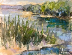 Blue Marsh Study, Petite Framed Impressionist Oil on Canvas Landscape Painting