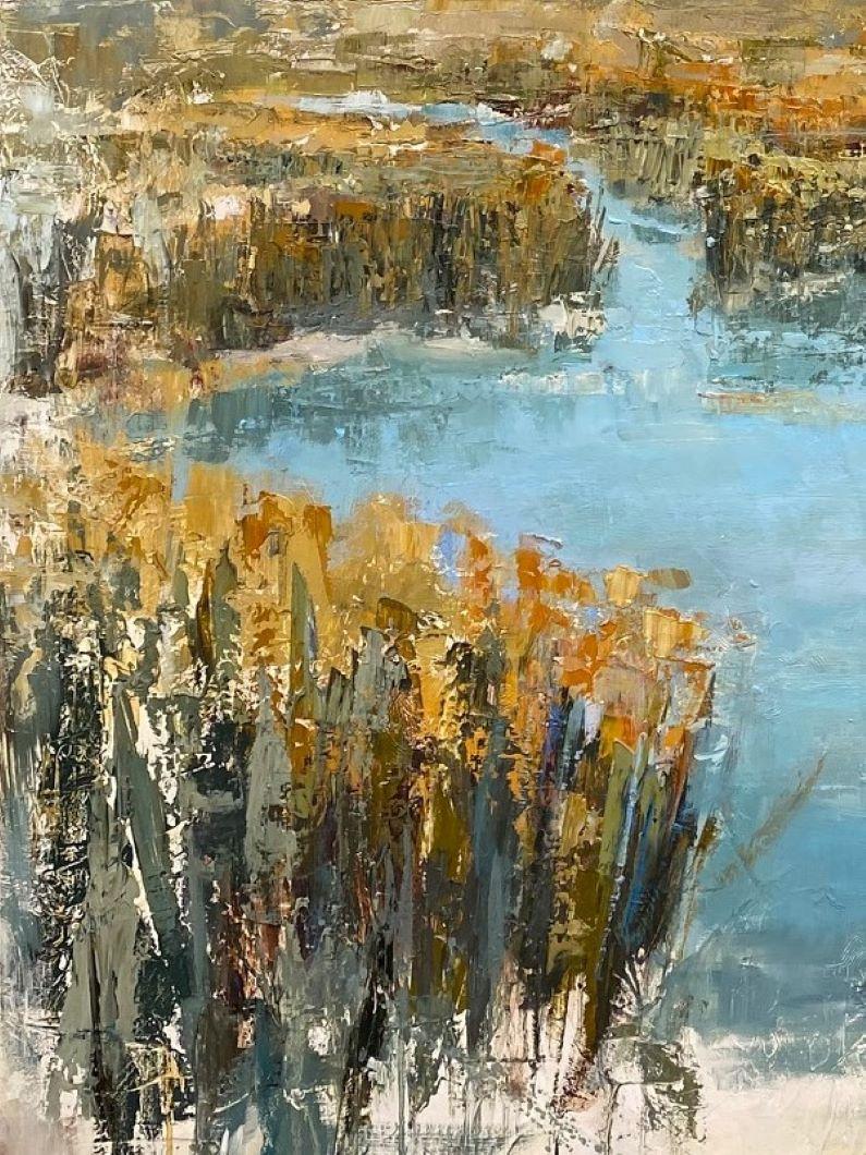 Can't Go Back original 36x36 expressionist marine landscape - Brown Landscape Painting by Allison Chambers