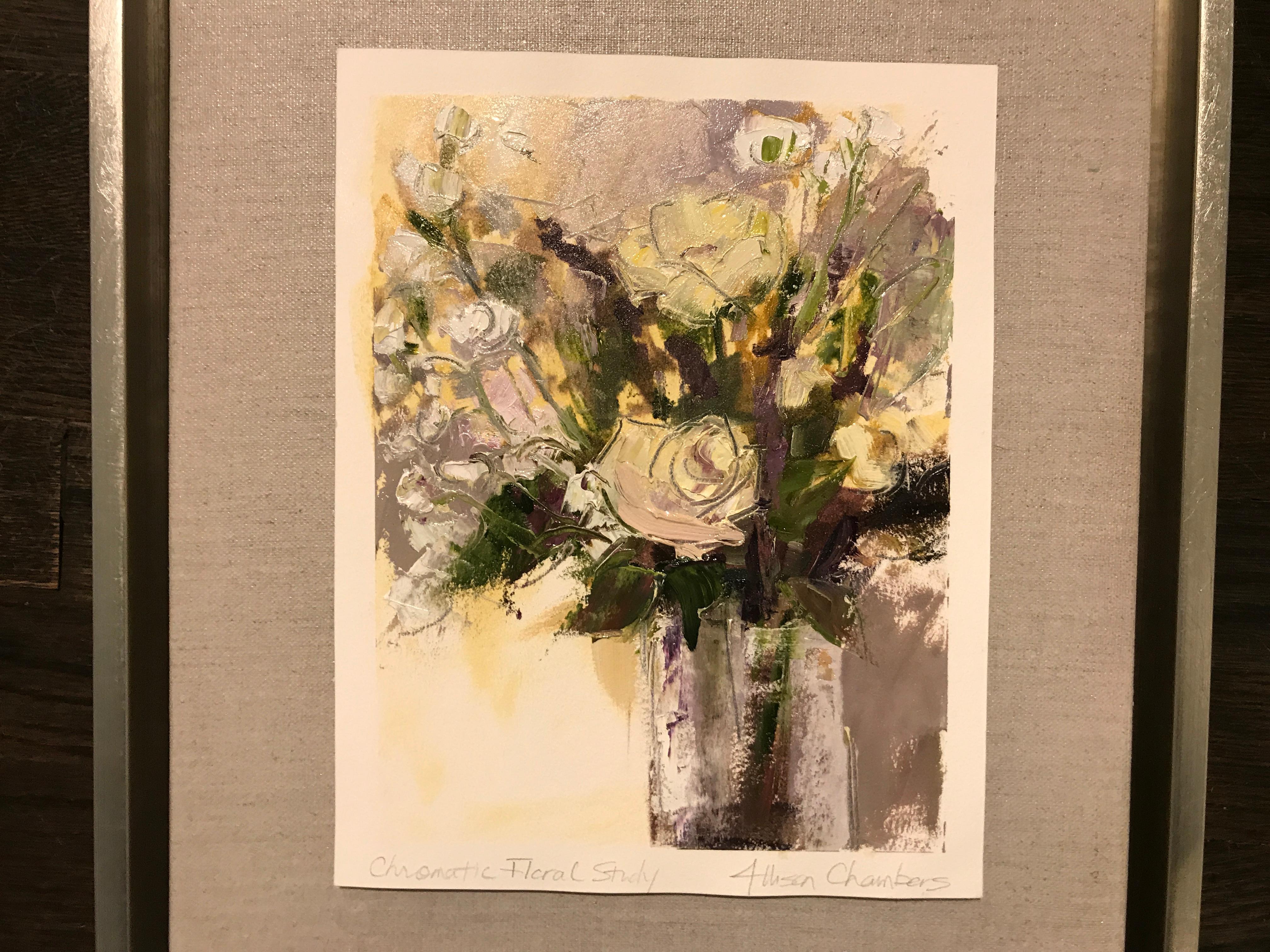 'Chromatic Floral Study' is a small framed Impressionist mixed media on paper still-life floral painting created by American artist Allison Chambers in 2018. Featuring a soft palette mostly made of white, yellow, green and purple tones, this