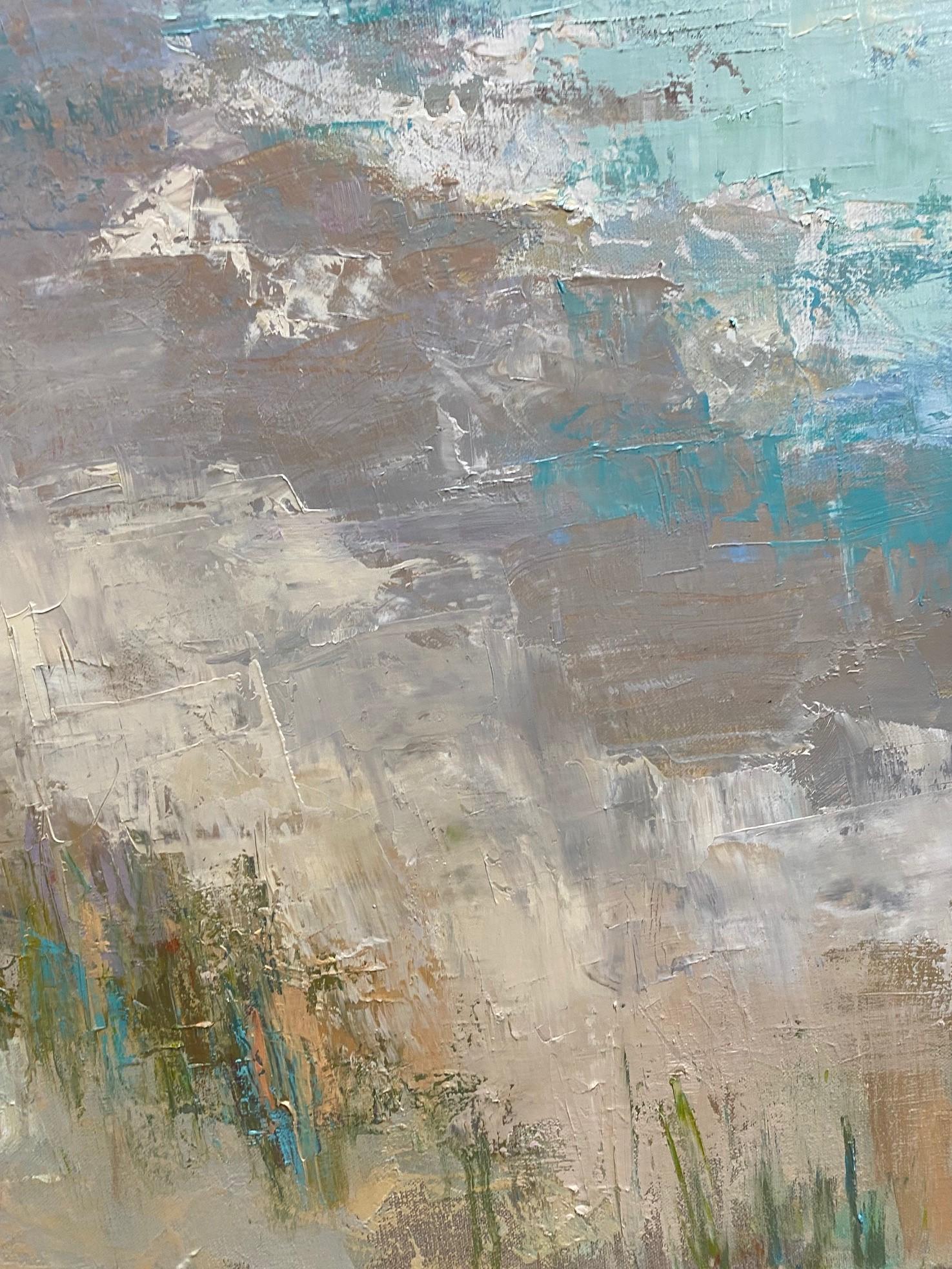 Coastal Walk, original 40x30 abstract expressionist marine landscape - Gray Landscape Painting by Allison Chambers