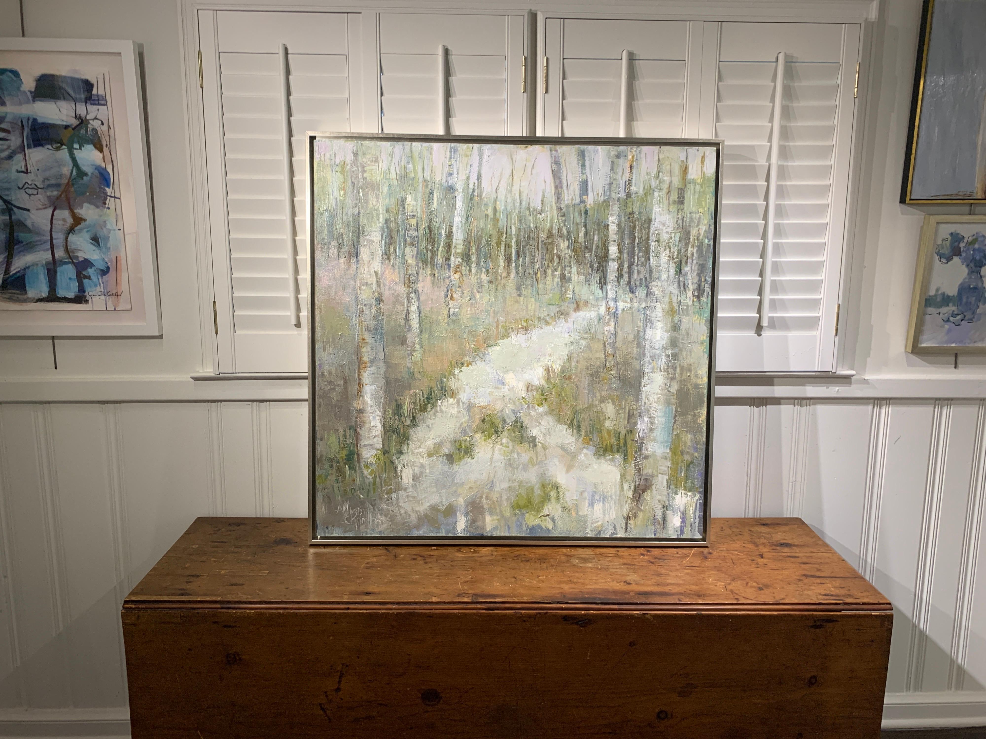 'Deep Roots 2' is a framed landscape oil on canvas painting of medium size, created by American artist Allison Chambers in 2020. Featuring birch trees in a palette made of a variety of colors such as blue, green, brown, purple and grey among others,
