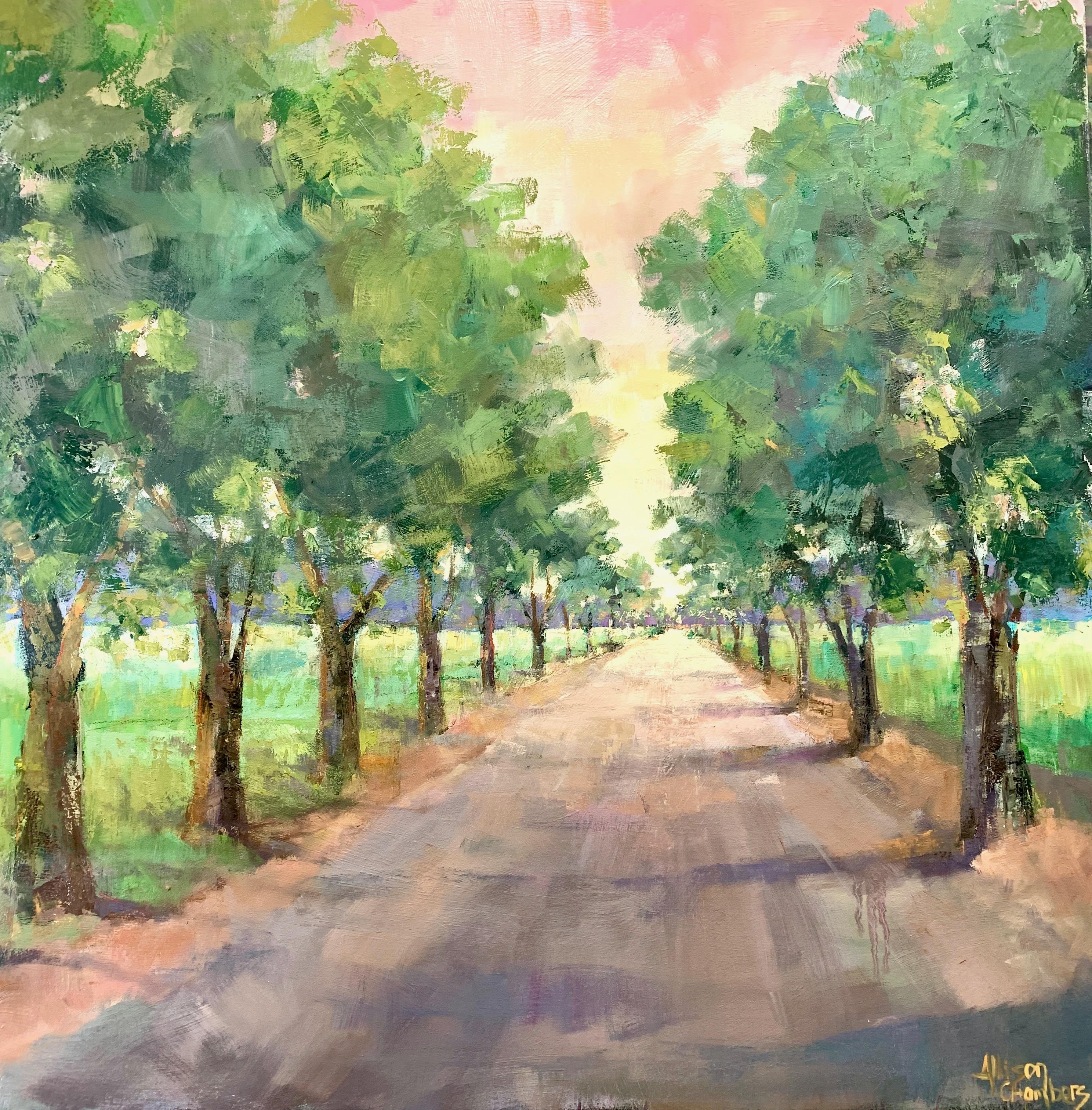 'Destination' is a large framed Impressionist oil on canvas landscape painting created by American artist Allison Chambers in 2019. Featuring a lovely palette mostly made of green, brown and pink tones, the painting depicts a small road flanked with