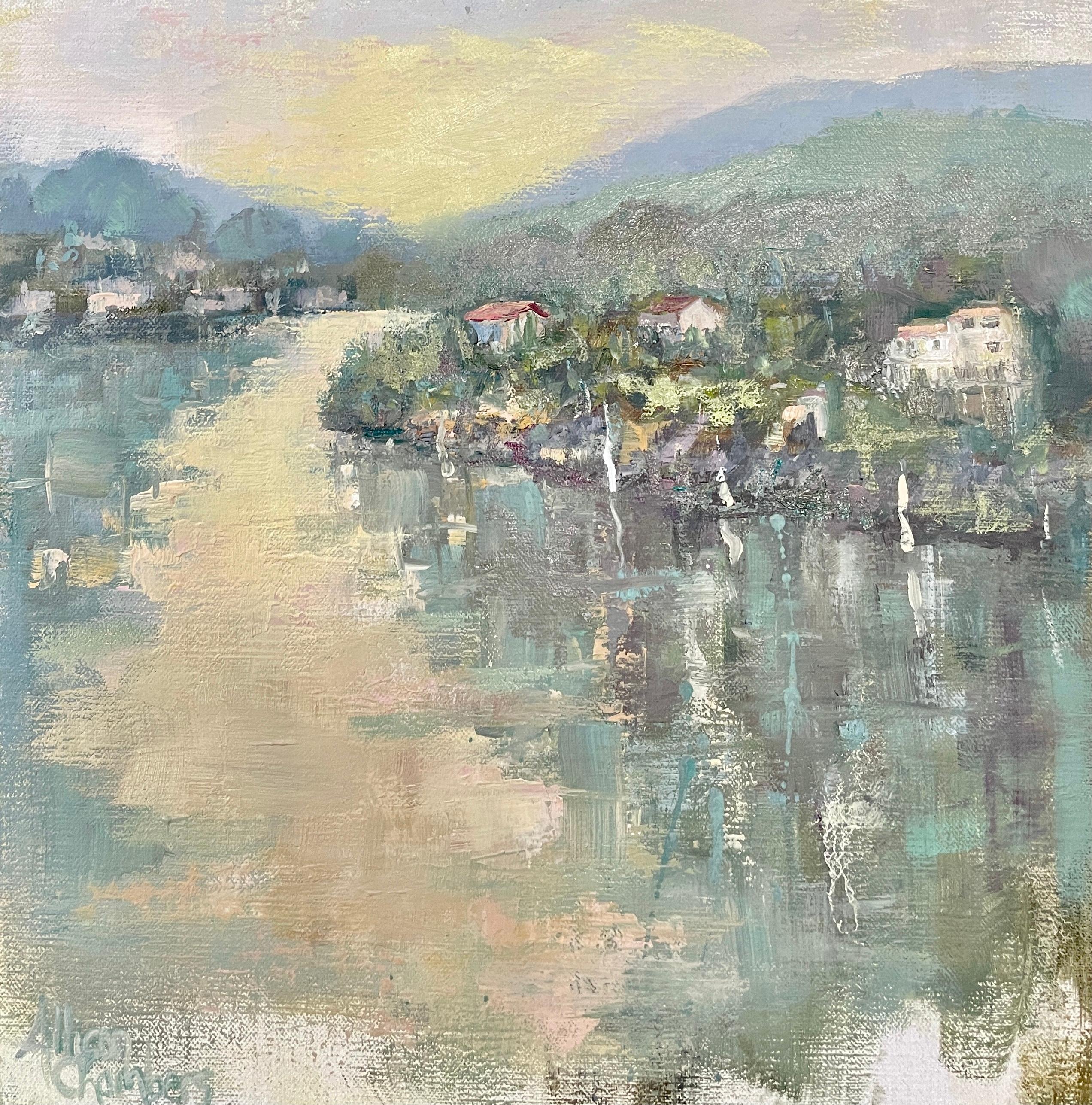 'Dream Away' is an Impressionist oil on board painting of square format created by American artist Allison Chambers in 2021. Featuring a palette made of green, blue, cream and brown tones among others, this painting depicts a quaint village nestled