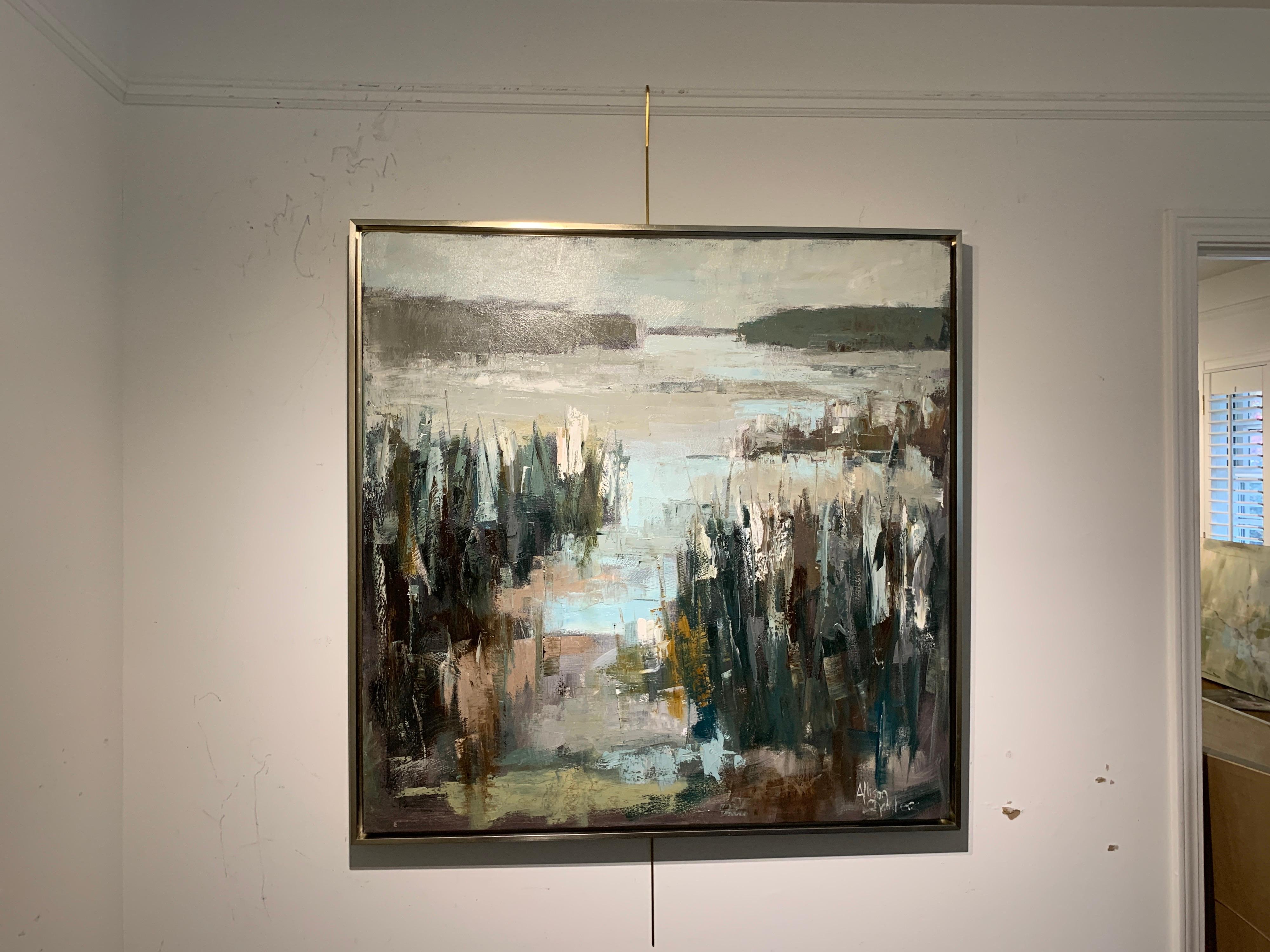 'Everything is All Right' is a framed landscape oil on canvas painting of medium size, created by American artist Allison Chambers in 2020. Featuring a low country scene in a palette made of a variety of colors such as blue, green, brown, purple and