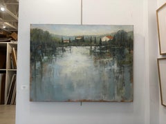 French Countryside River Landscape, Large Blue Green Impressionist Oil Painting