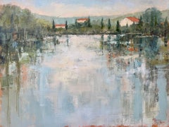 French Countryside River Landscape, Large Blue Green Impressionist Oil Painting