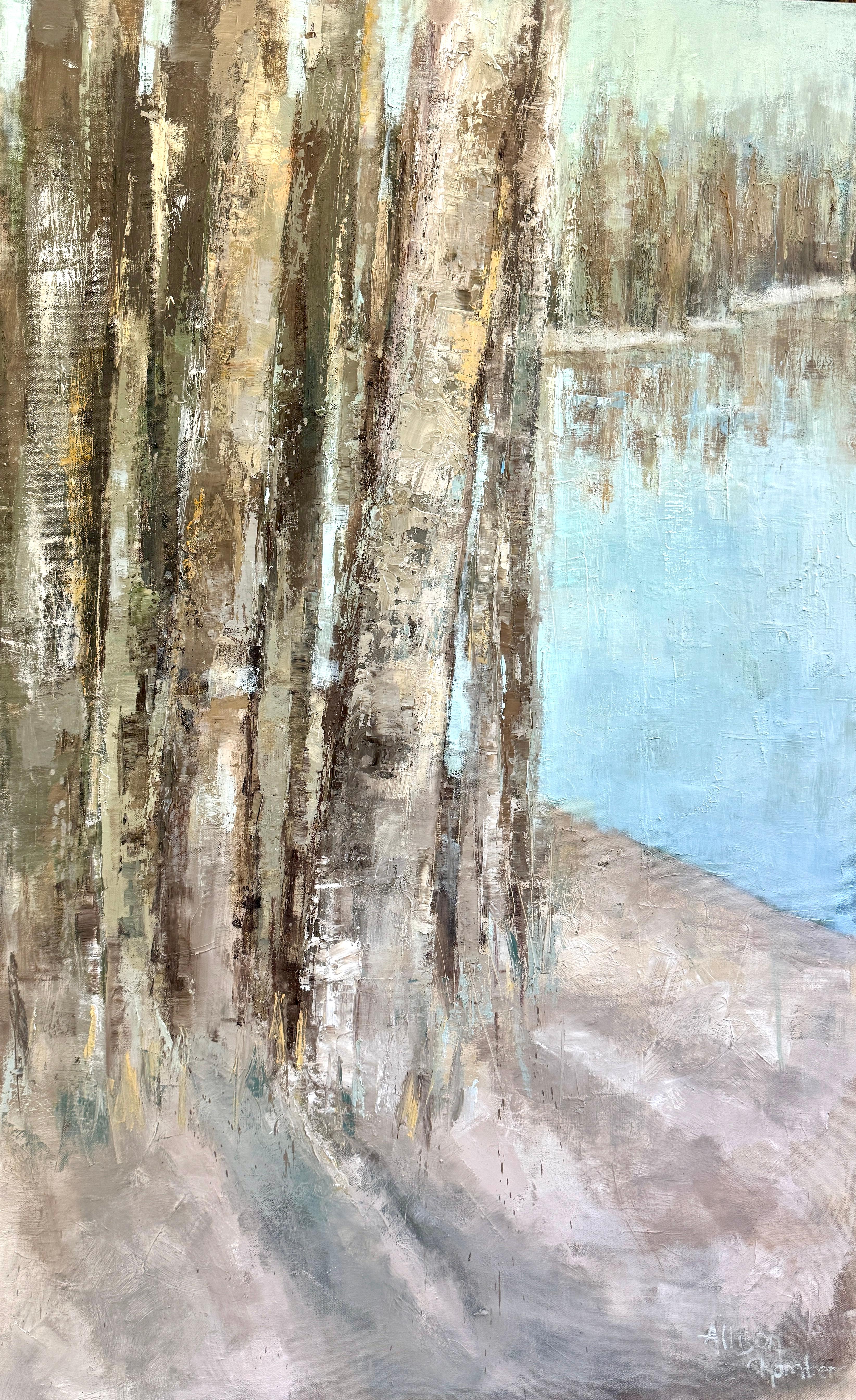 Allison Chambers - Jenseits gehen
Öl auf Leinwand, 60 x 36 Zoll

Die preisgekrönte Künstlerin Allison Chambers ist bekannt für ihre impressionistischen Landschaften und strukturierten Gemälde, die die stille Poesie der Natur einfangen. In Go Beyond