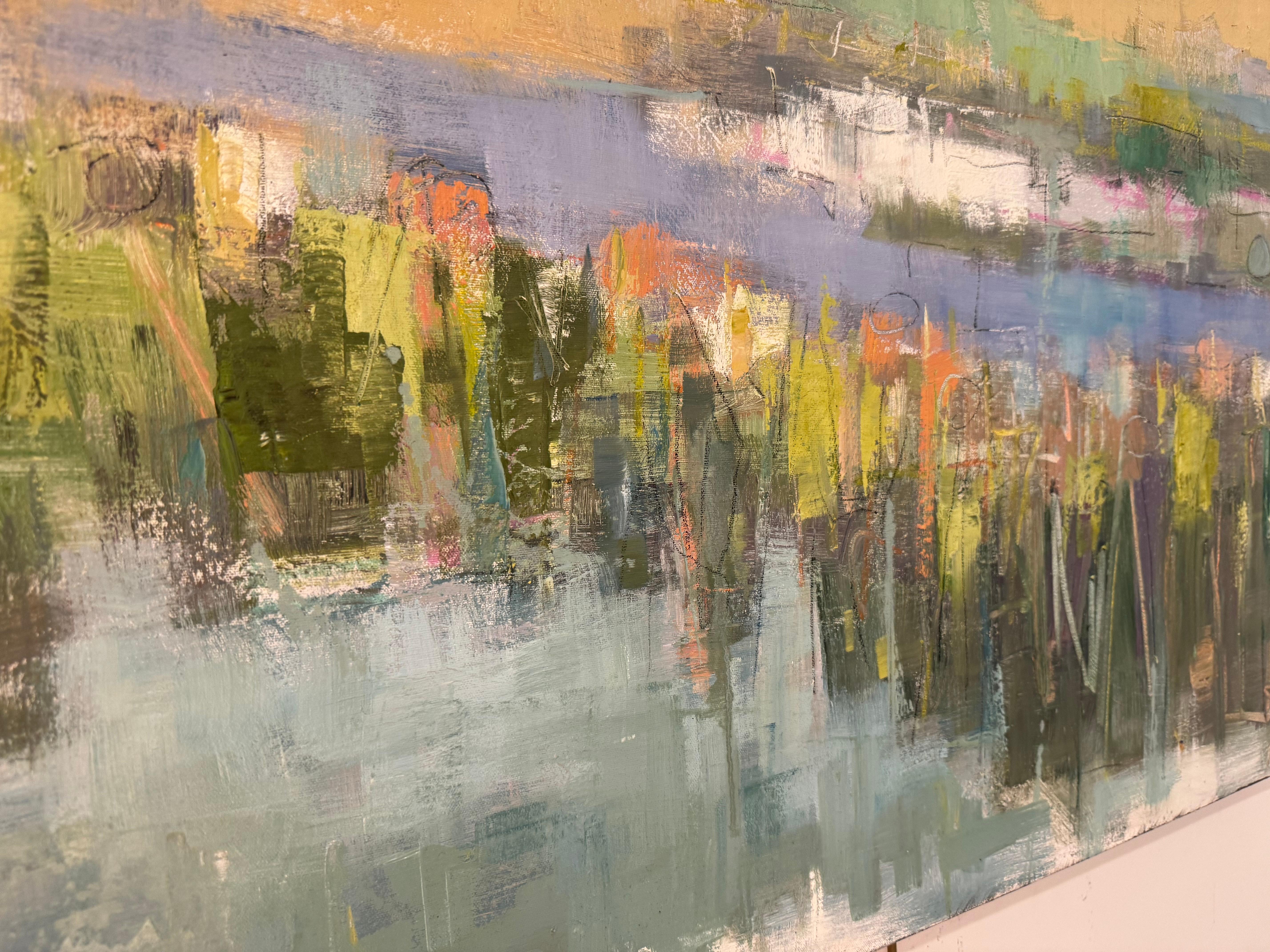 Happy Days di Allison Chambers, quadro paesaggistico a olio su tela di grandi dimensioni, blu 3