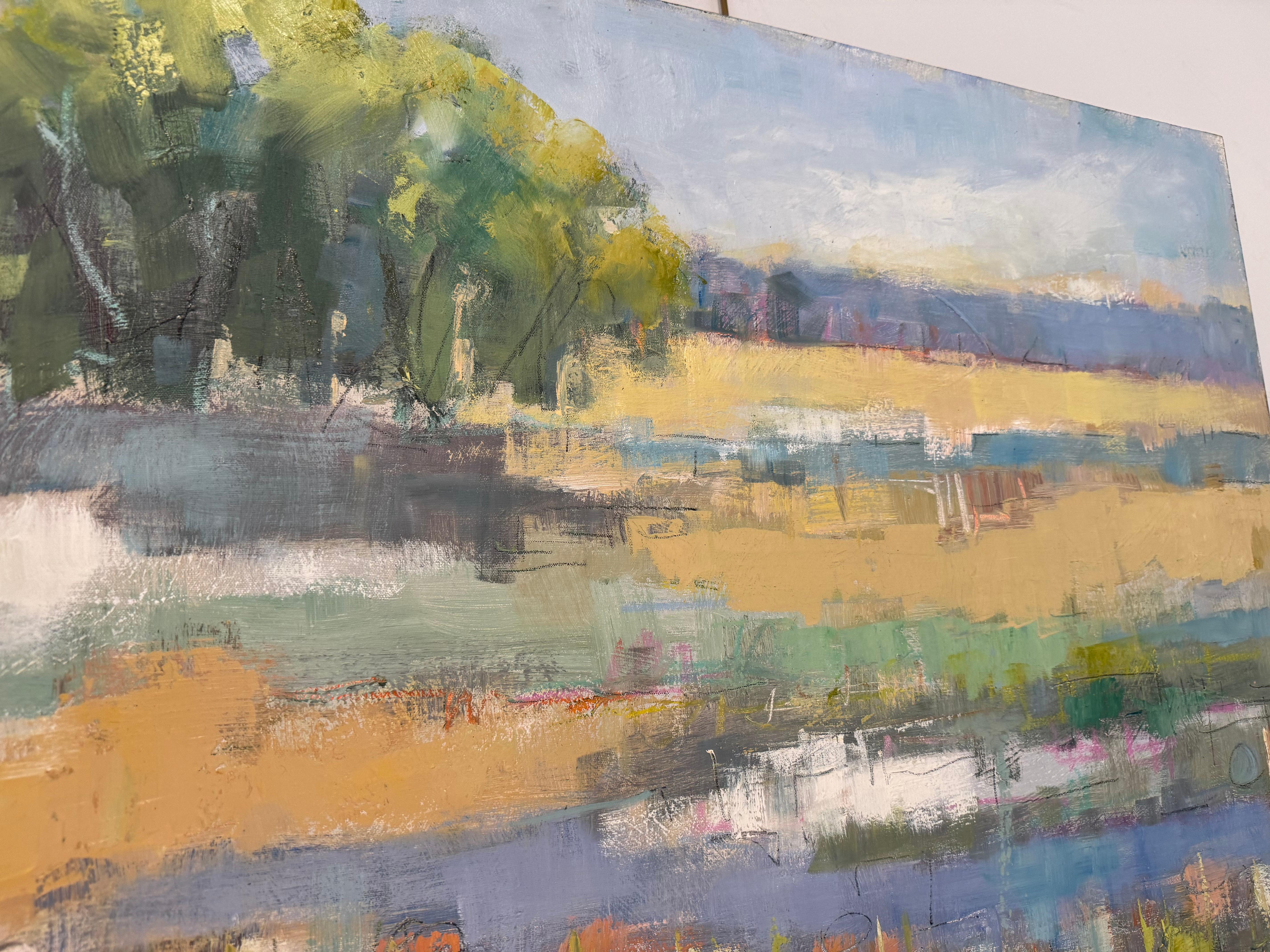 Happy Days di Allison Chambers, quadro paesaggistico a olio su tela di grandi dimensioni, blu 4