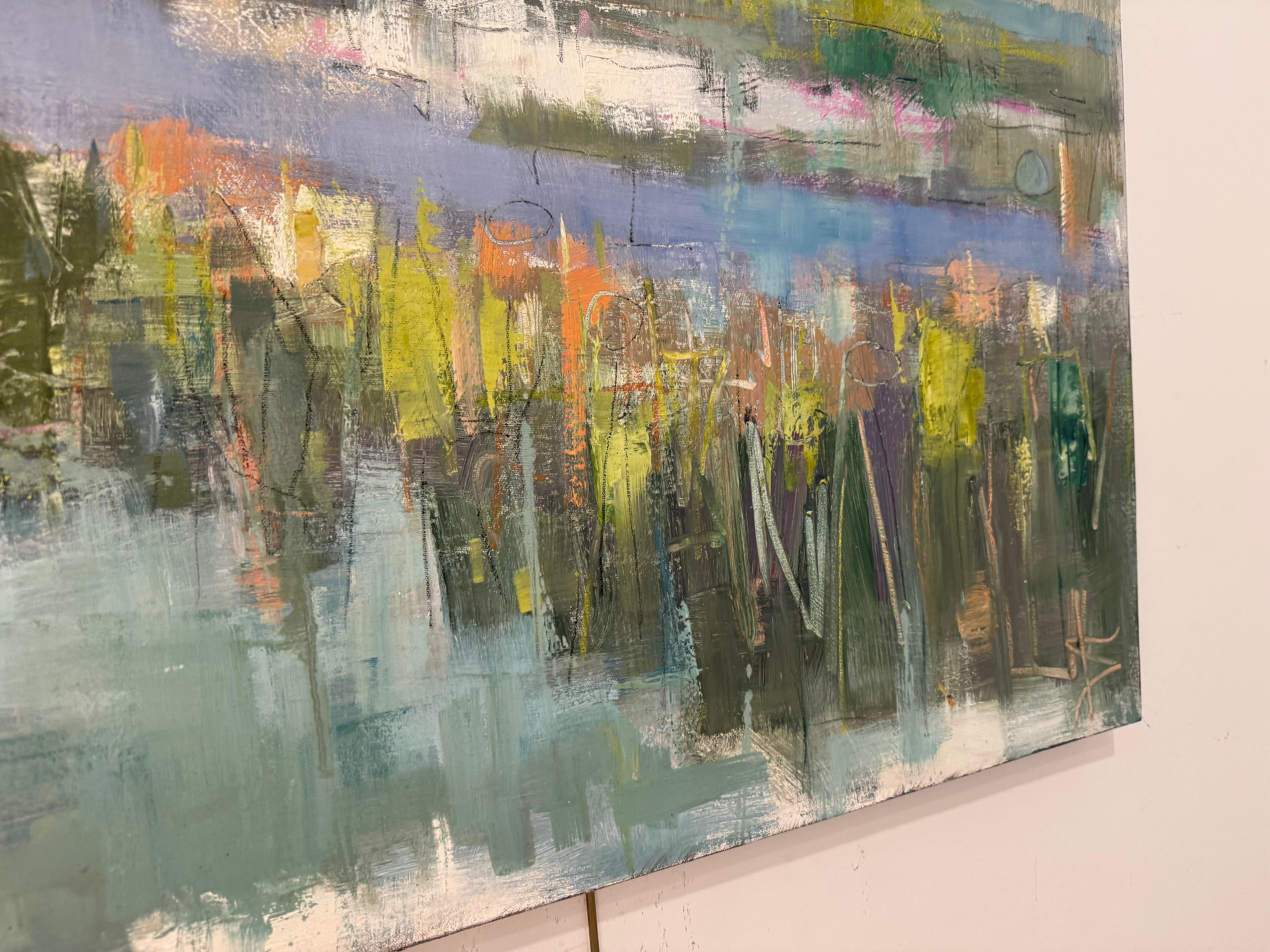 Happy Days di Allison Chambers, quadro paesaggistico a olio su tela di grandi dimensioni, blu 5