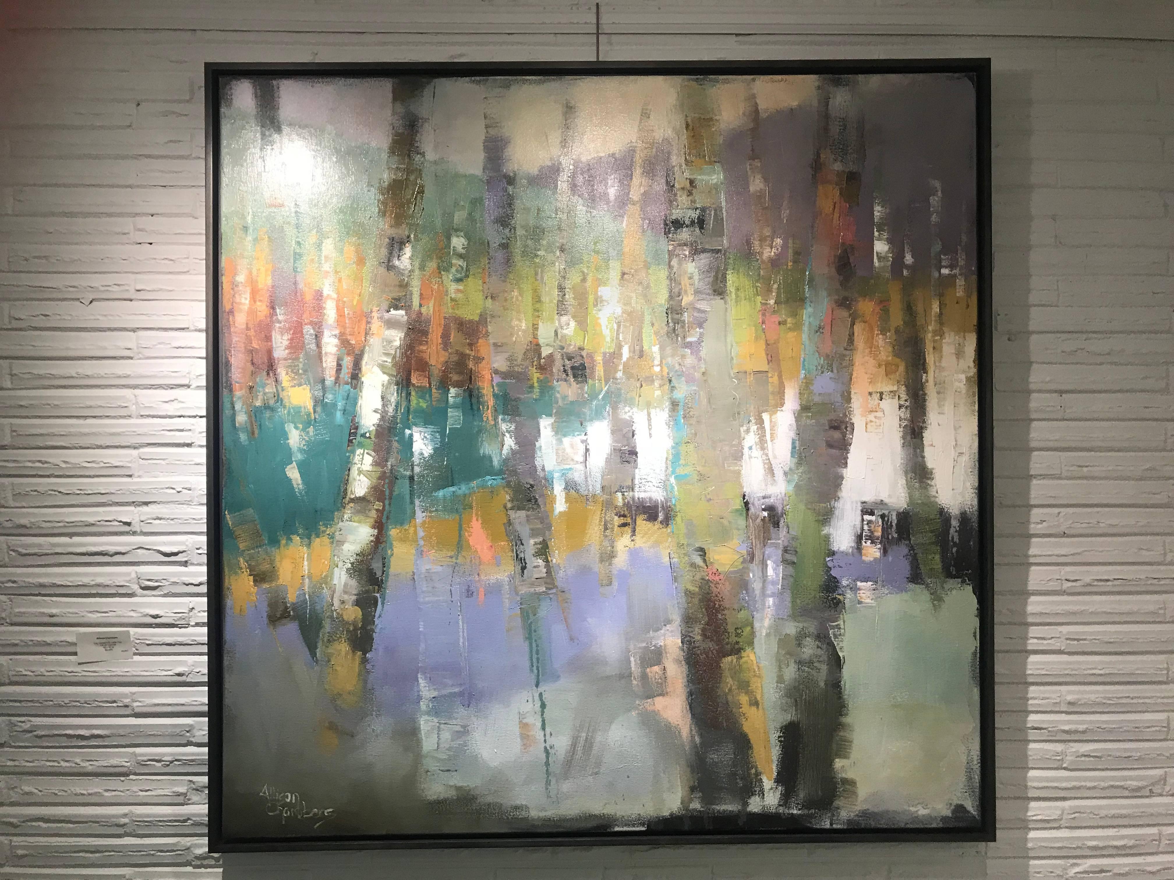 'Let Somebody Love You' is a large framed oil on canvas painting depicting an abstracted vision of a grouping of birch trees, created by American artist Allison Chambers in 2018. Featuring an exquisite palette made of colors such as teal, green,
