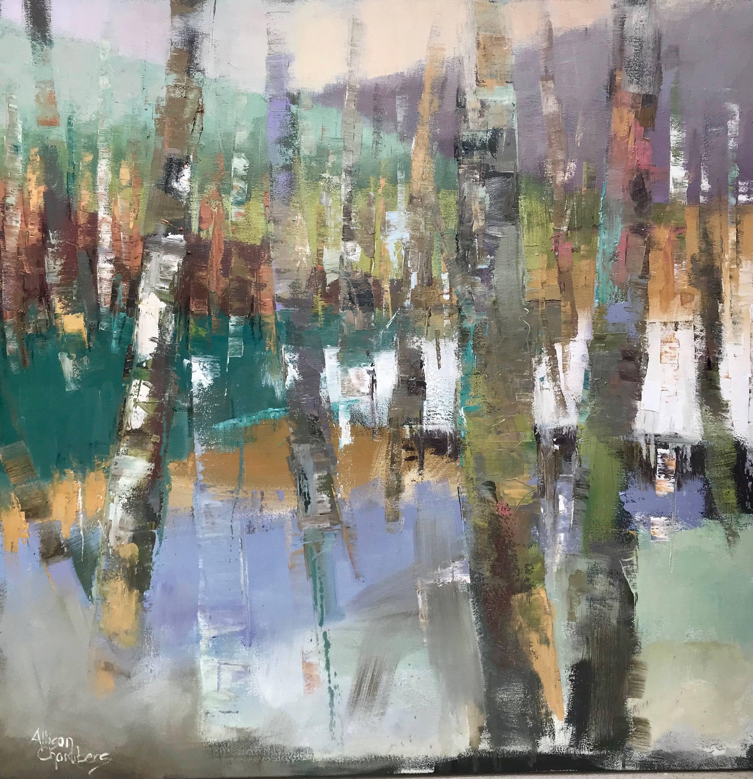 Allison Chambers Abstract Painting - Let Somebody Love You, Large Framed Oil on Canvas Abstracted Birch Trees